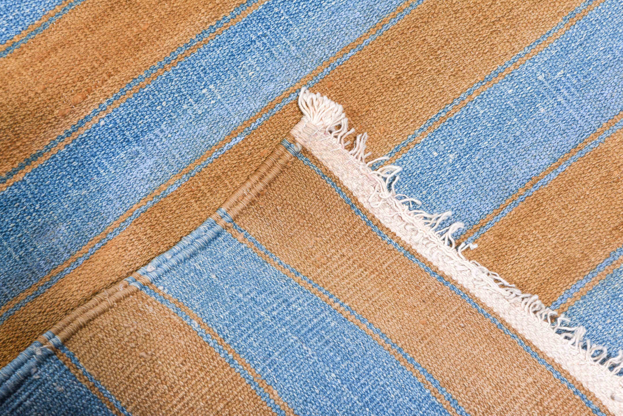 2' x 24' one-of-a-kind handmade vintage Dhurrie runner rug. Color palette: sky blue, camel, ivory, light blue, beige