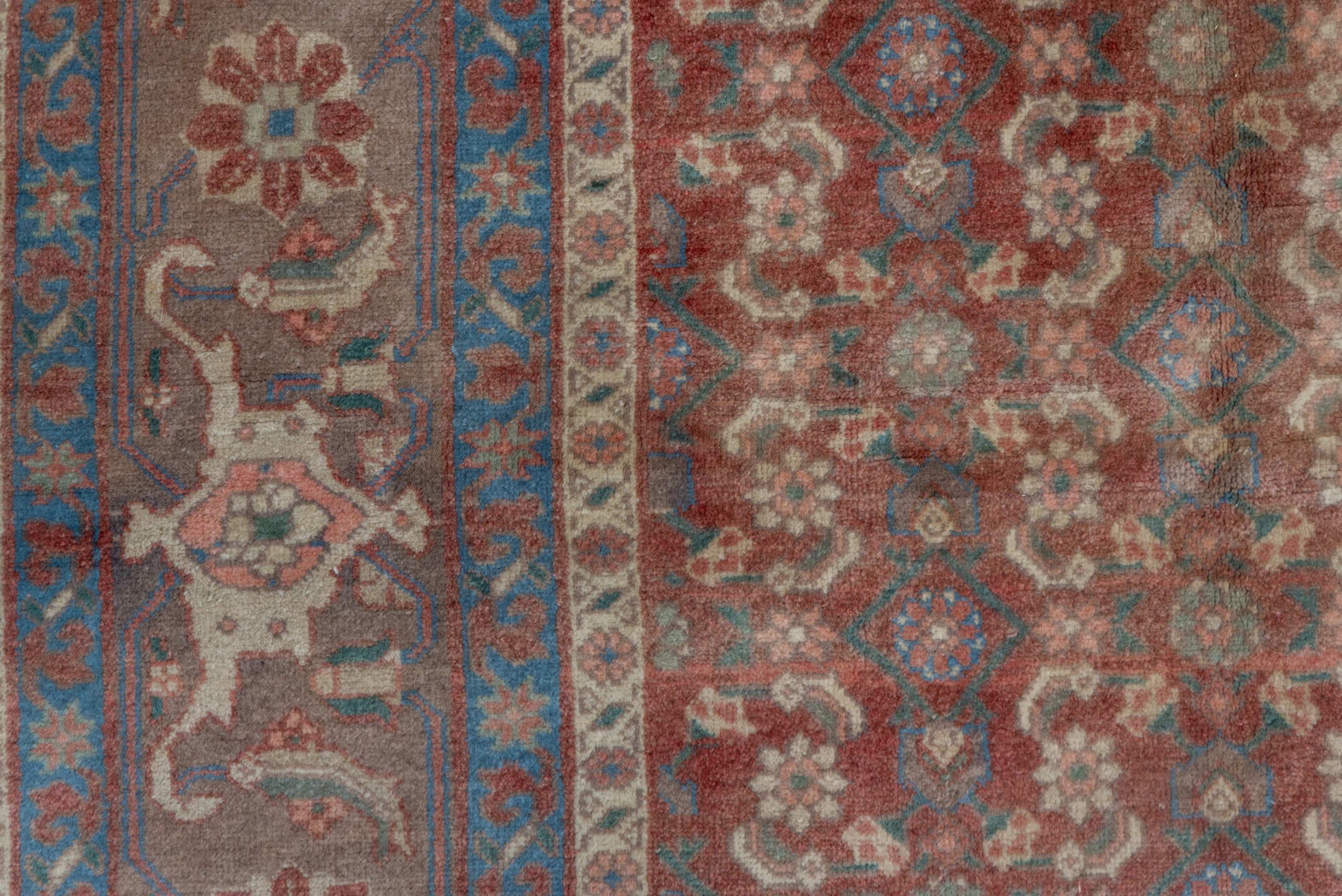 6' x 9' one-of-a-kind handmade vintage Bidjar medium size rug. Color palette: rust, taupe, slate blue, camel, ivory, brown