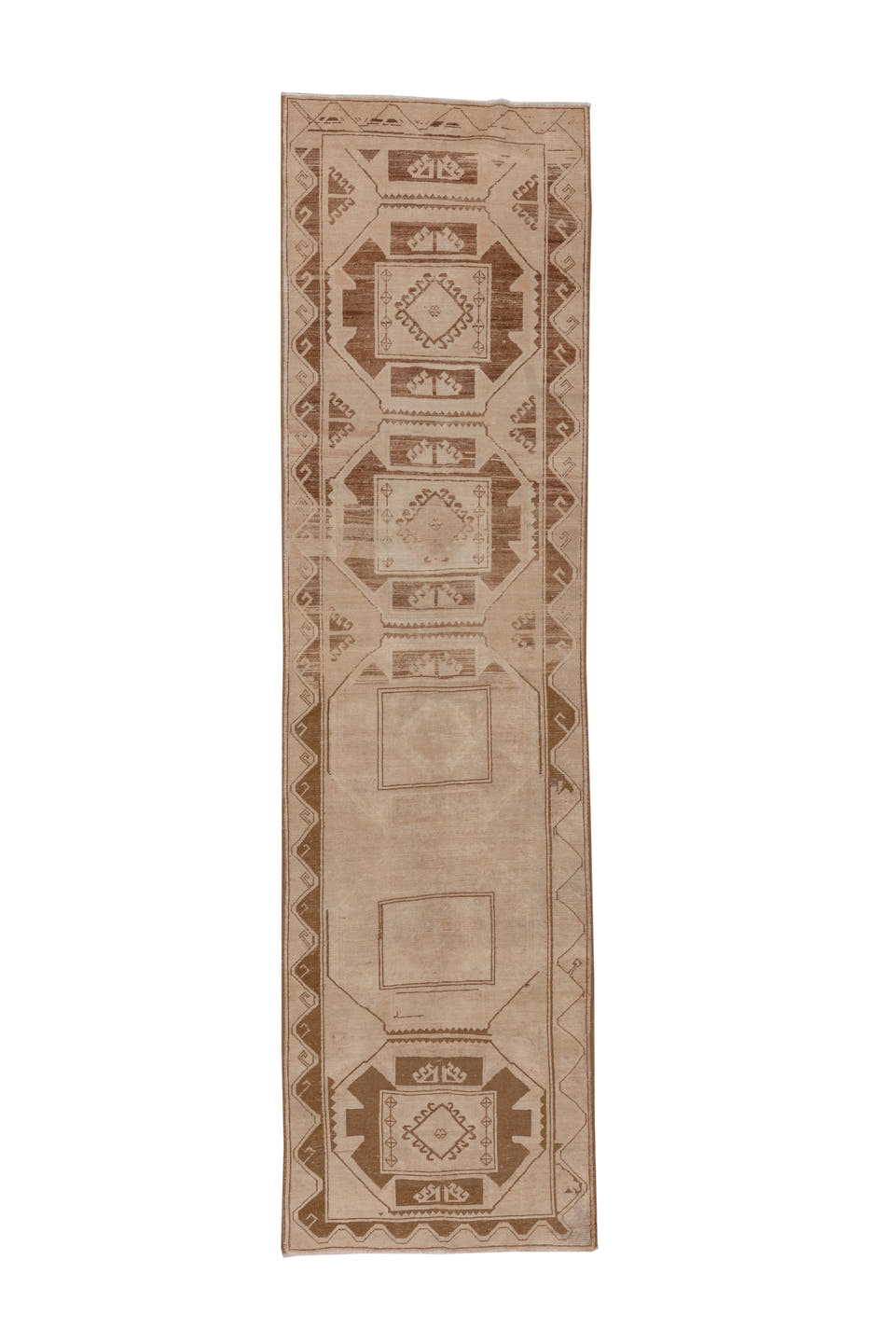 3' x 11' one-of-a-kind handmade vintage Oushak runner rug. Color palette: beige, camel, taupe, sand, brown, ivory, gray