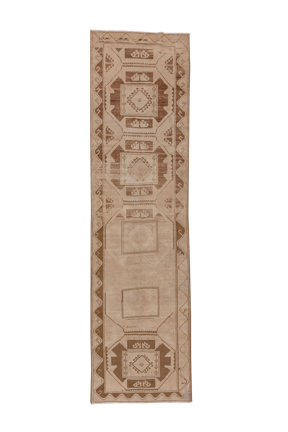 3' x 11' one-of-a-kind handmade vintage Oushak runner rug. Color palette: beige, camel, taupe, sand, brown, ivory, gray