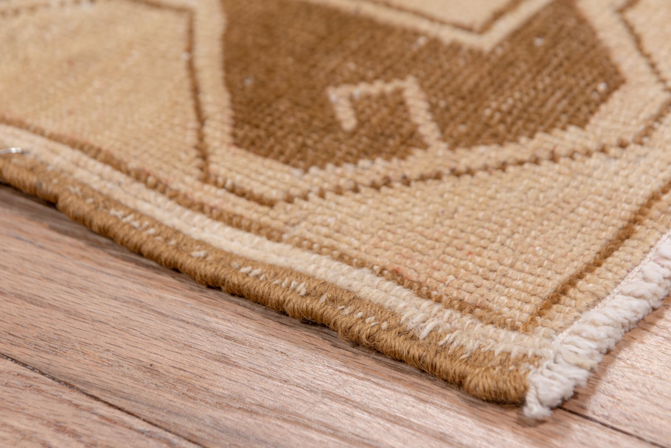 3' x 11' one-of-a-kind handmade vintage Oushak runner rug. Color palette: beige, camel, taupe, sand, brown, ivory, gray