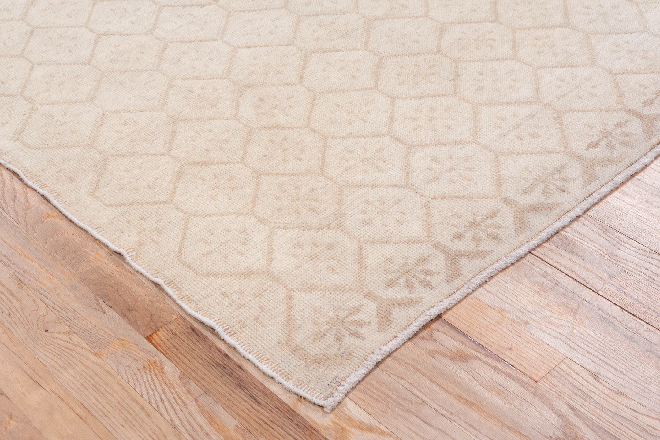 6' x 9' one-of-a-kind handmade vintage Oushak medium size rug. Color palette: ivory, beige, taupe, sand, gray