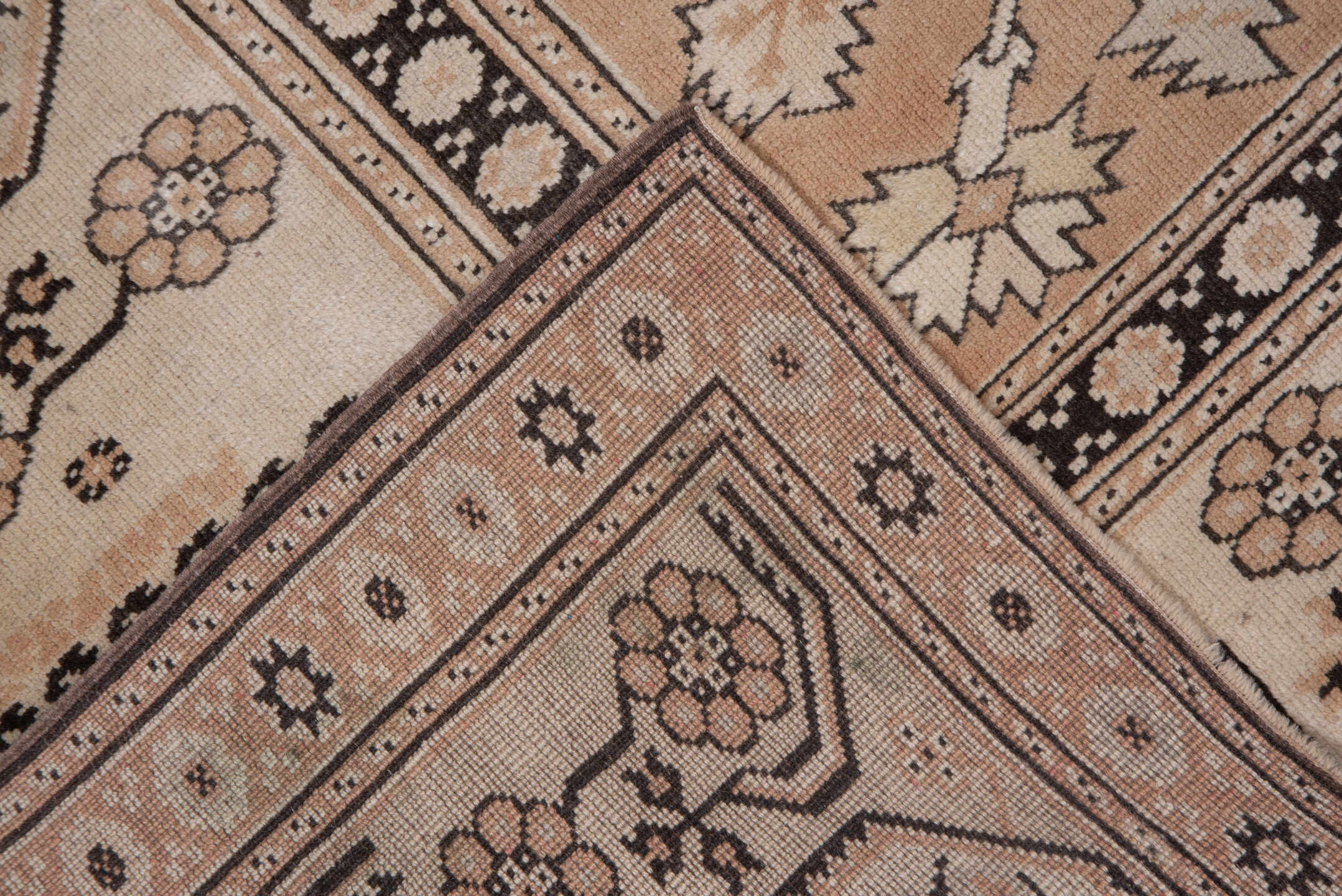 6' x 8' one-of-a-kind handmade vintage Oushak medium size rug. Color palette: camel, blush, ivory, charcoal, sage, taupe
