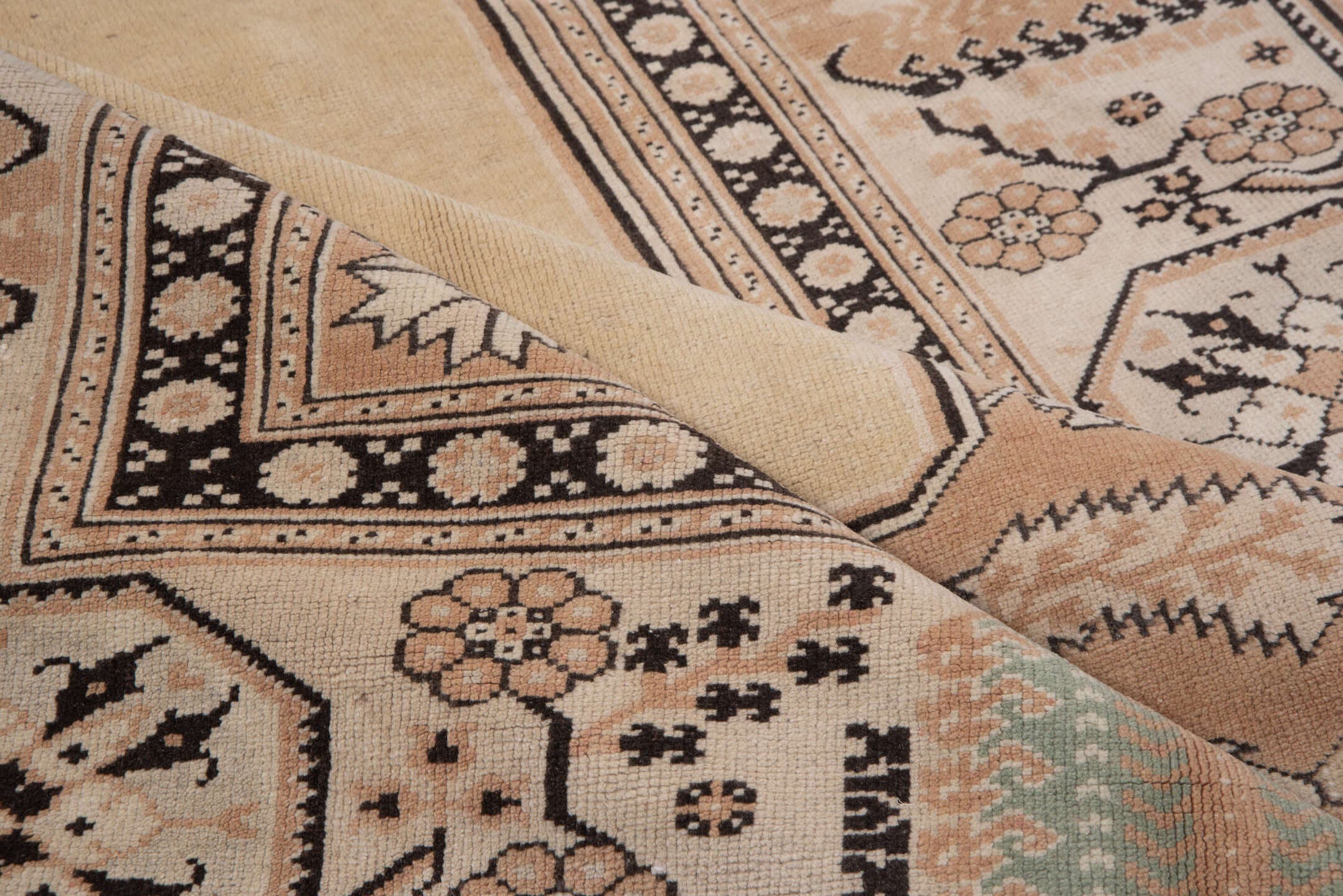 6' x 8' one-of-a-kind handmade vintage Oushak medium size rug. Color palette: camel, blush, ivory, charcoal, sage, taupe