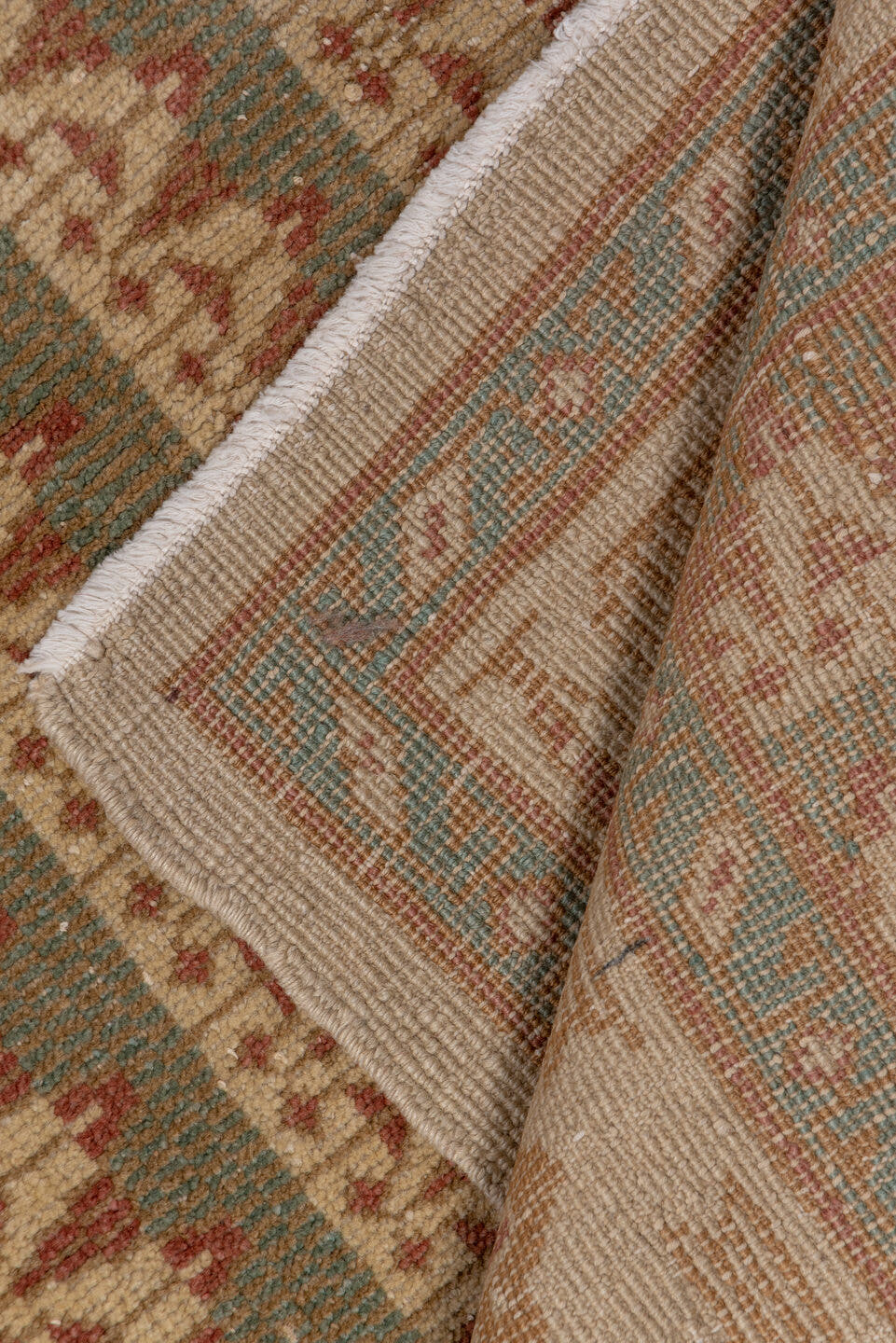 5' x 7' one-of-a-kind handmade vintage Oushak rug. Color palette: ivory, taupe, rust, teal, camel, sage, brown, beige, gray