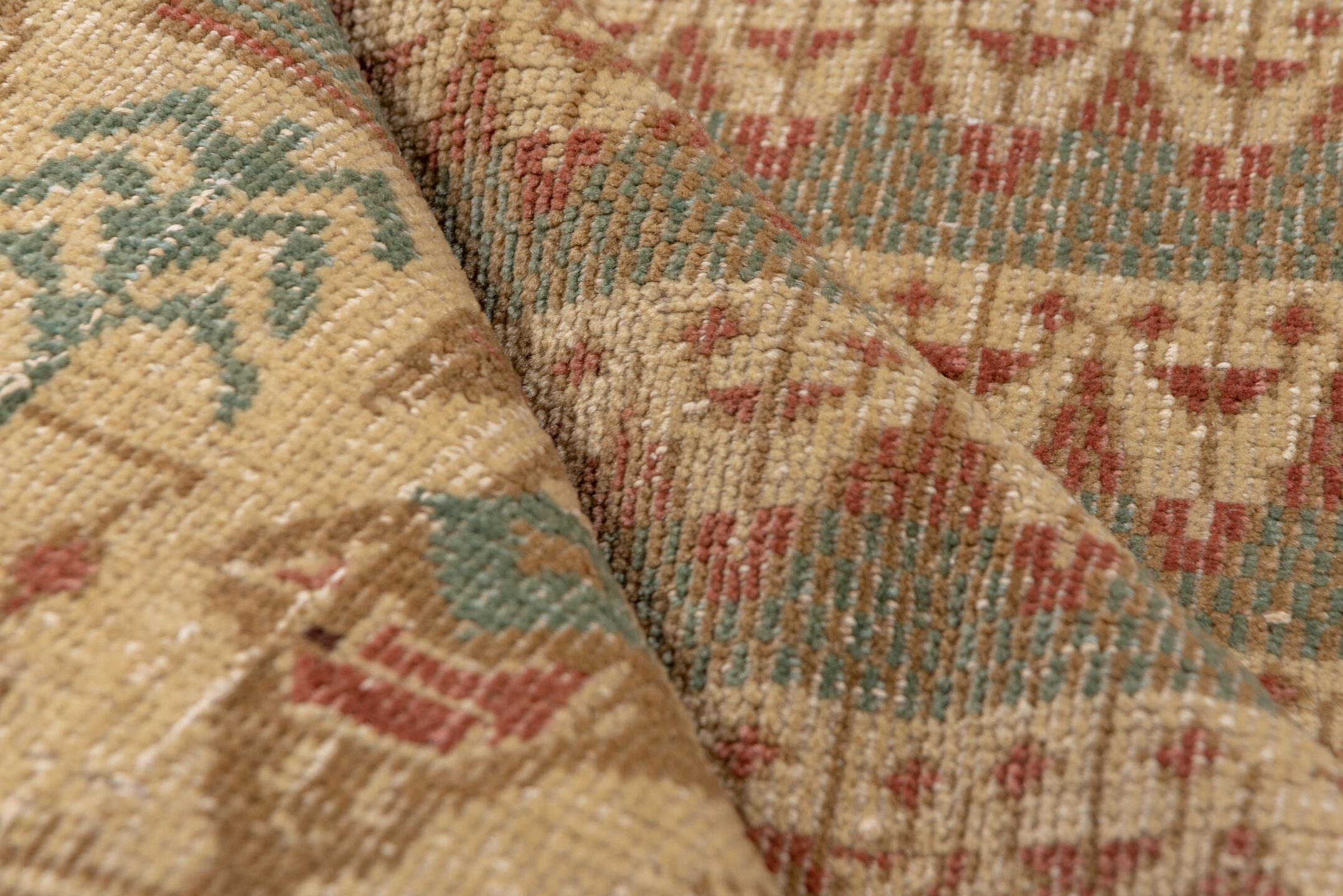 5' x 7' one-of-a-kind handmade vintage Oushak rug. Color palette: ivory, taupe, rust, teal, camel, sage, brown, beige, gray