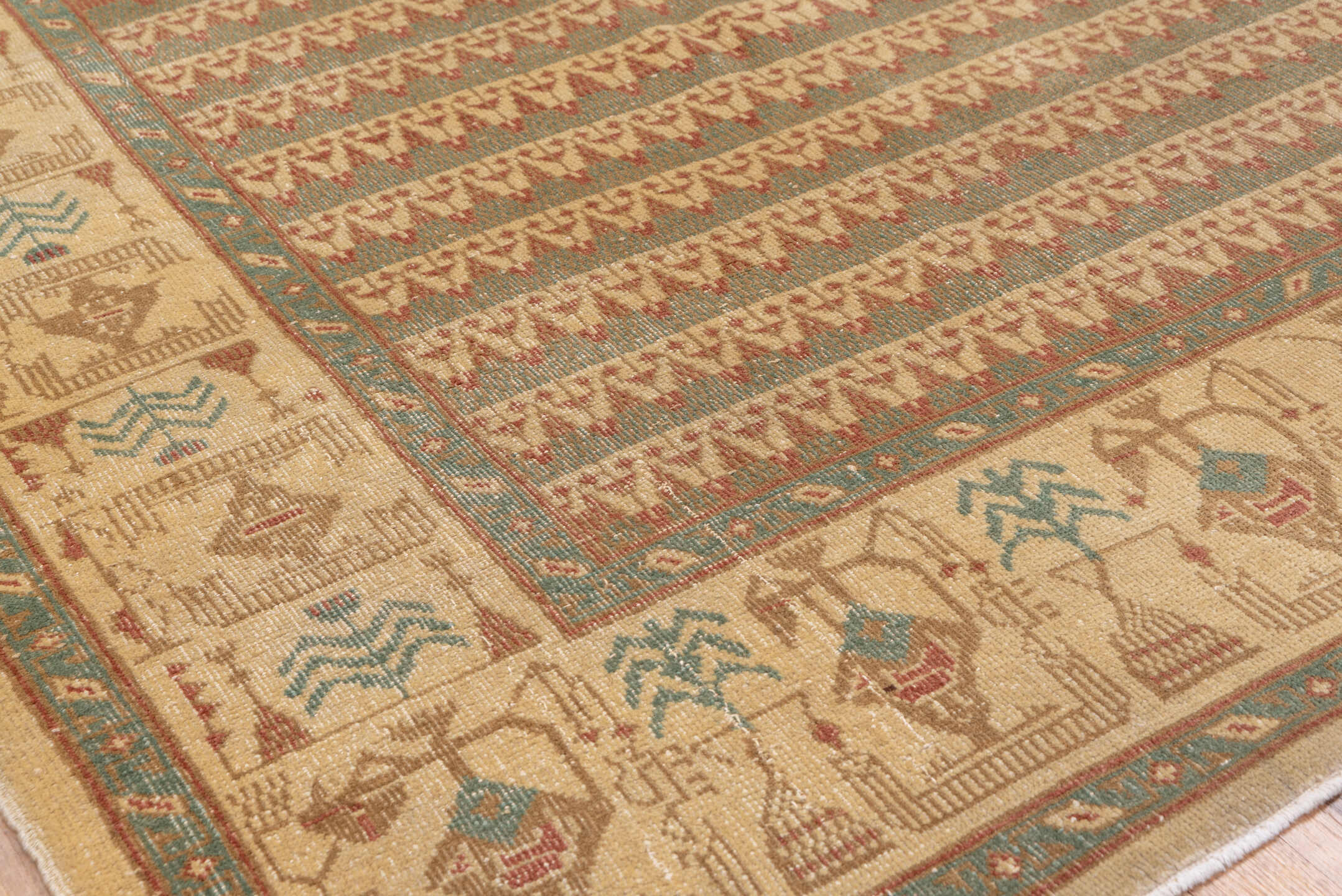 5' x 7' one-of-a-kind handmade vintage Oushak rug. Color palette: ivory, taupe, rust, teal, camel, sage, brown, beige, gray