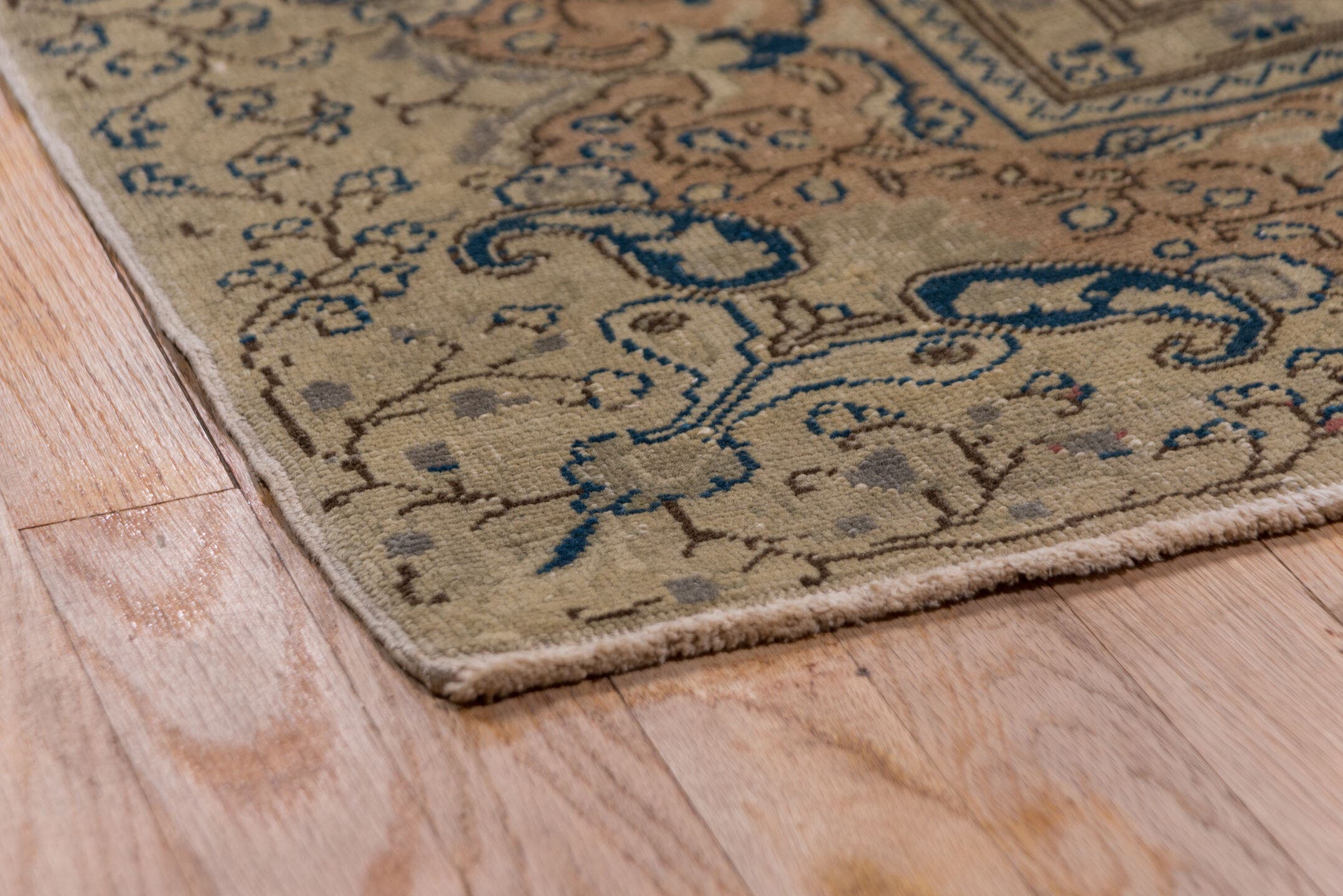 8' x 12' one-of-a-kind handmade vintage Oushak large size rug. Color palette: beige, taupe, blue, ivory, camel, slate, gray