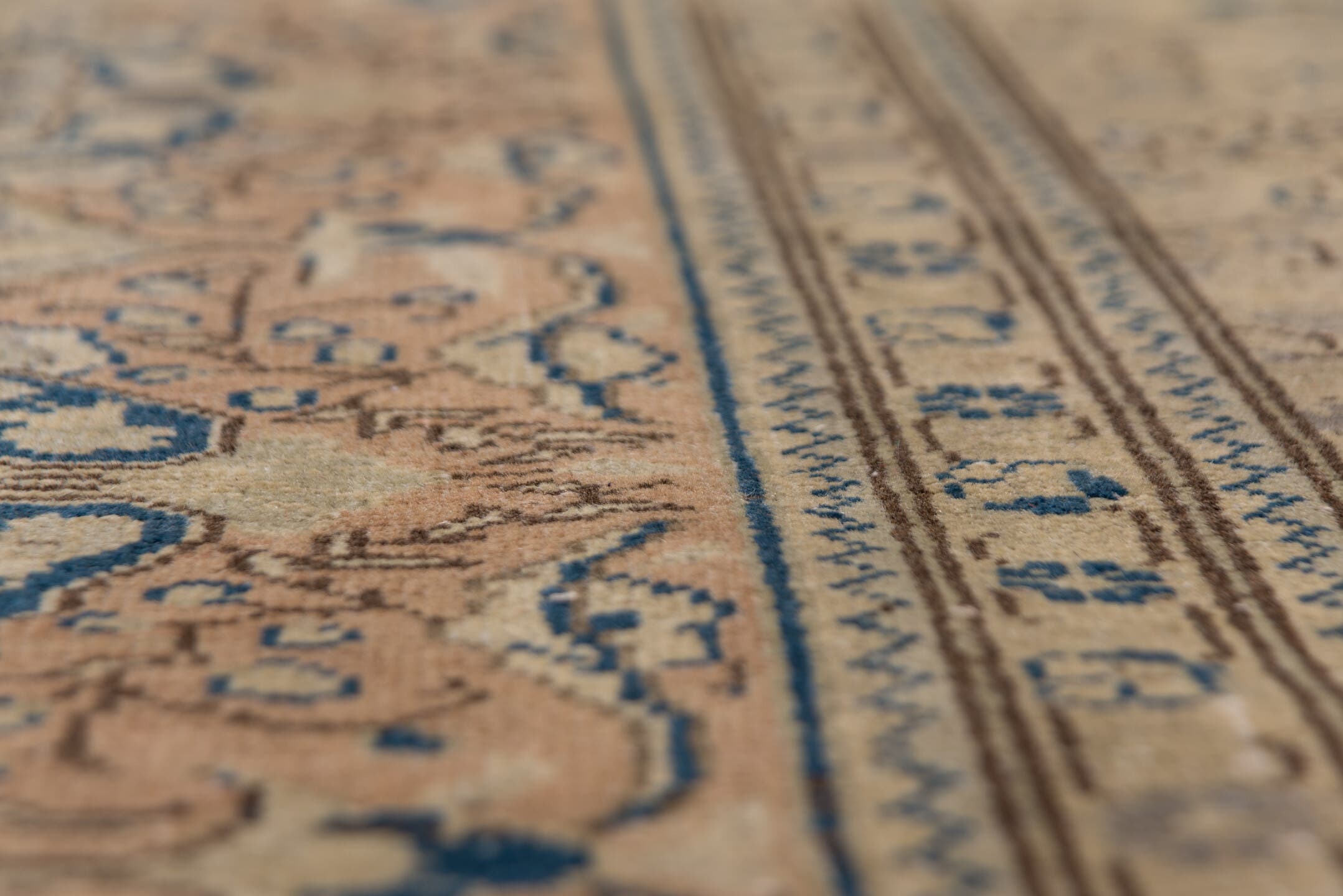 8' x 12' one-of-a-kind handmade vintage Oushak large size rug. Color palette: beige, taupe, blue, ivory, camel, slate, gray