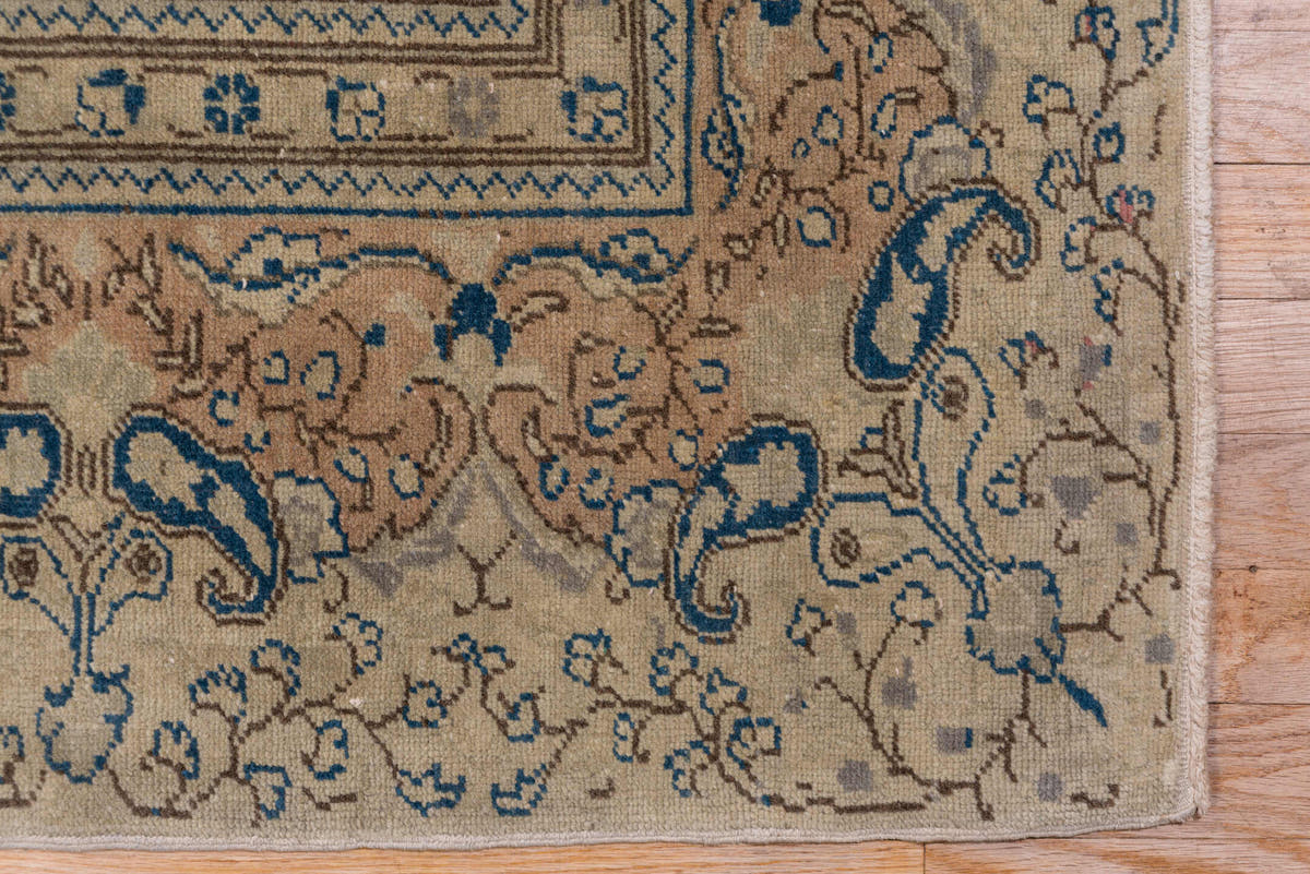 8' x 12' one-of-a-kind handmade vintage Oushak large size rug. Color palette: beige, taupe, blue, ivory, camel, slate, gray
