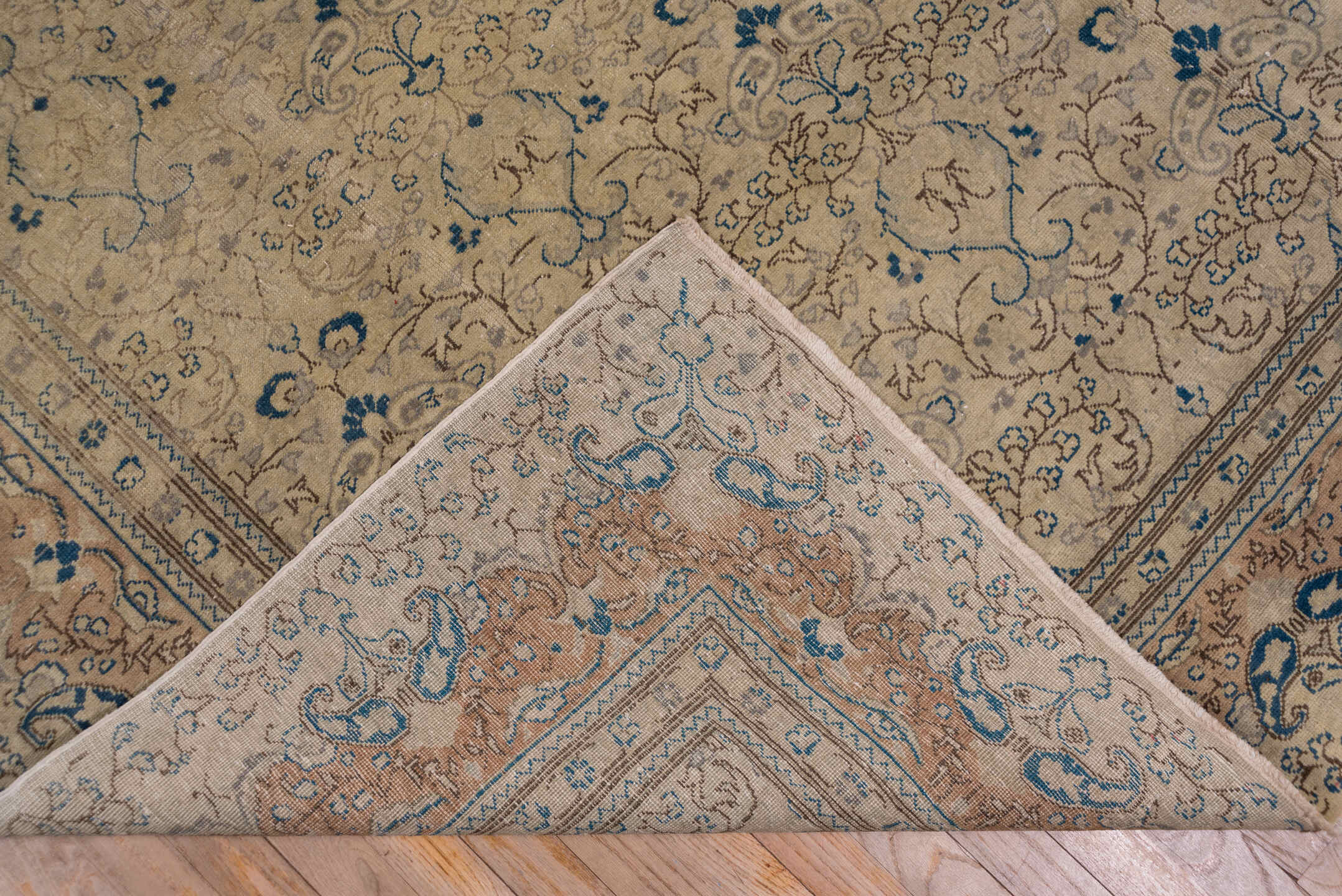 8' x 12' one-of-a-kind handmade vintage Oushak large size rug. Color palette: beige, taupe, blue, ivory, camel, slate, gray