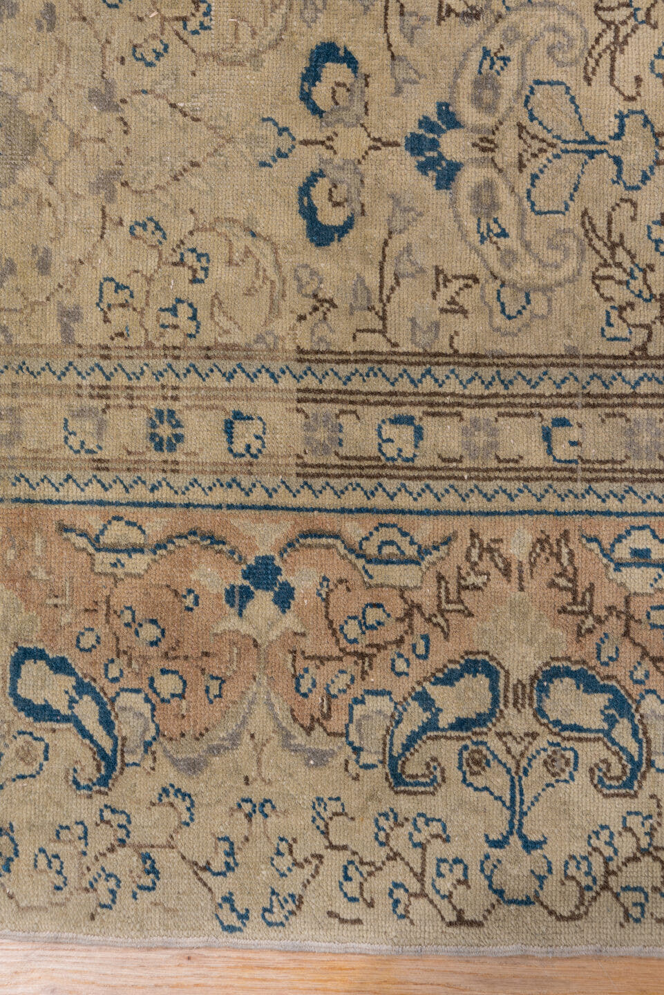 8' x 12' one-of-a-kind handmade vintage Oushak large size rug. Color palette: beige, taupe, blue, ivory, camel, slate, gray