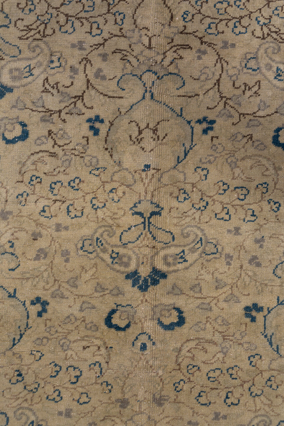 8' x 12' one-of-a-kind handmade vintage Oushak large size rug. Color palette: beige, taupe, blue, ivory, camel, slate, gray