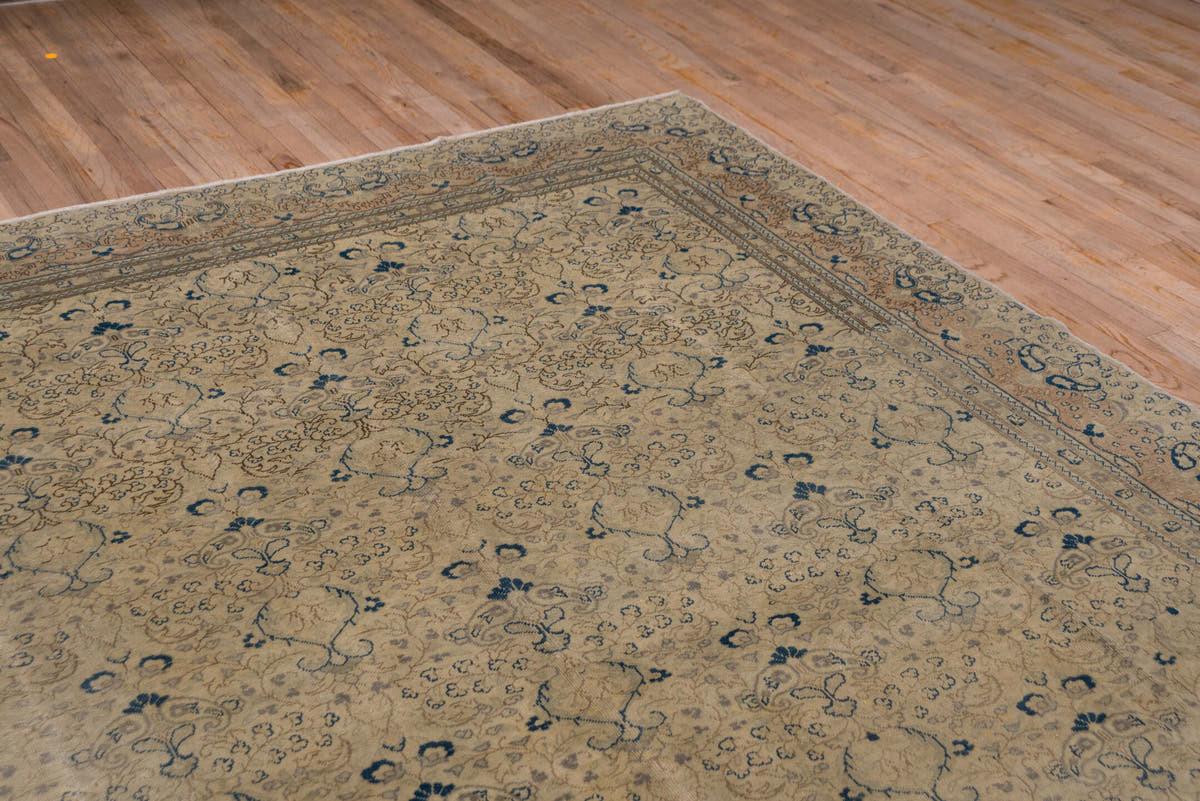 8' x 12' one-of-a-kind handmade vintage Oushak large size rug. Color palette: beige, taupe, blue, ivory, camel, slate, gray