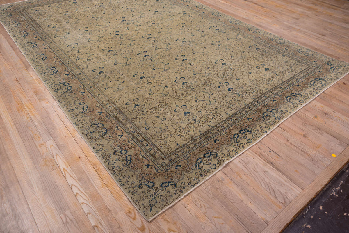8' x 12' one-of-a-kind handmade vintage Oushak large size rug. Color palette: beige, taupe, blue, ivory, camel, slate, gray