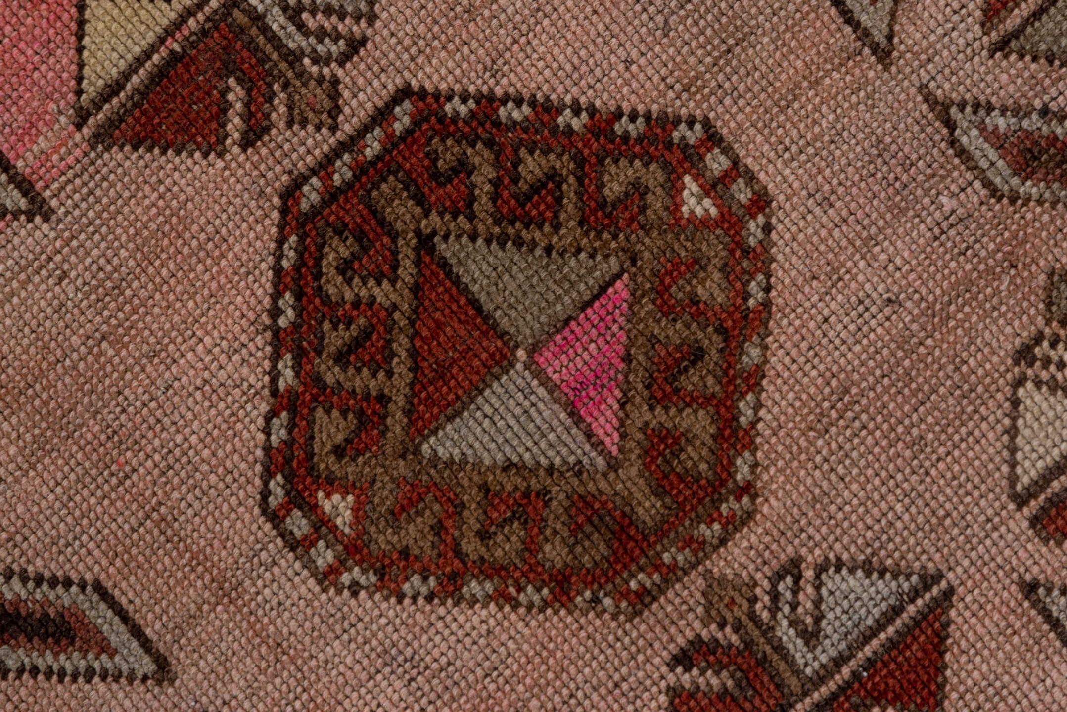 4' x 12' one-of-a-kind handmade antique Trans Caucasian runner rug. Color palette: brown, taupe, ivory, rose, charcoal, rust
