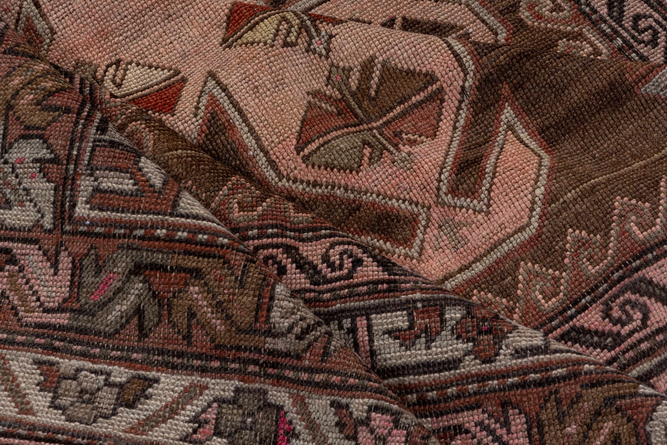 4' x 12' one-of-a-kind handmade antique Trans Caucasian runner rug. Color palette: brown, taupe, ivory, rose, charcoal, rust
