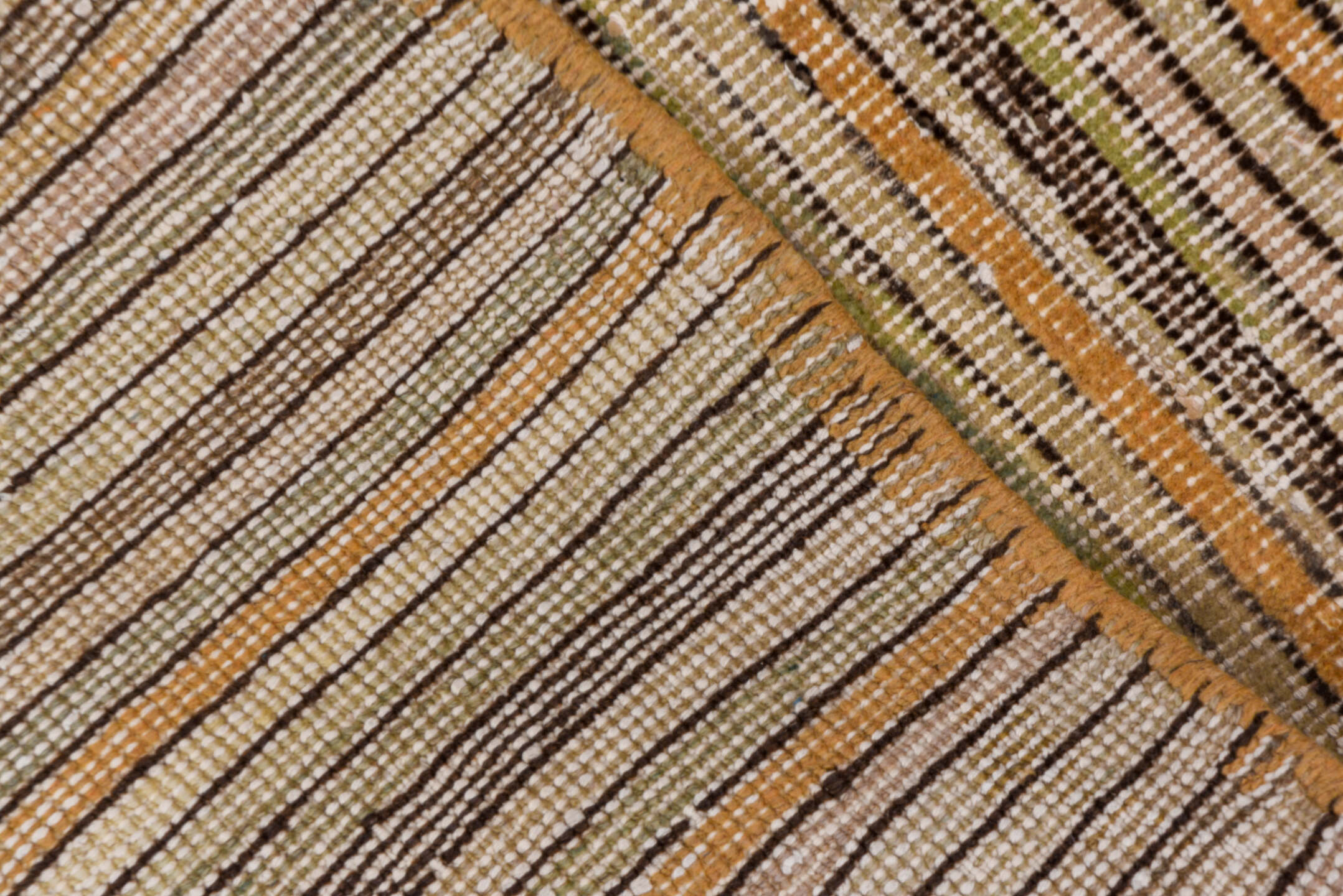 2' x 6' one-of-a-kind handmade vintage Tulu runner rug. Color palette: brown, gray, light gray, off-white, orange, snow