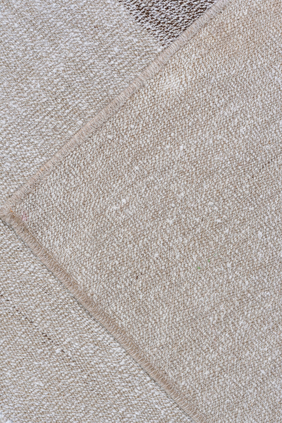 11' x 12' one-of-a-kind handmade antique Flatweave oversize rug. Color palette: ivory, beige, taupe, light brown, cream