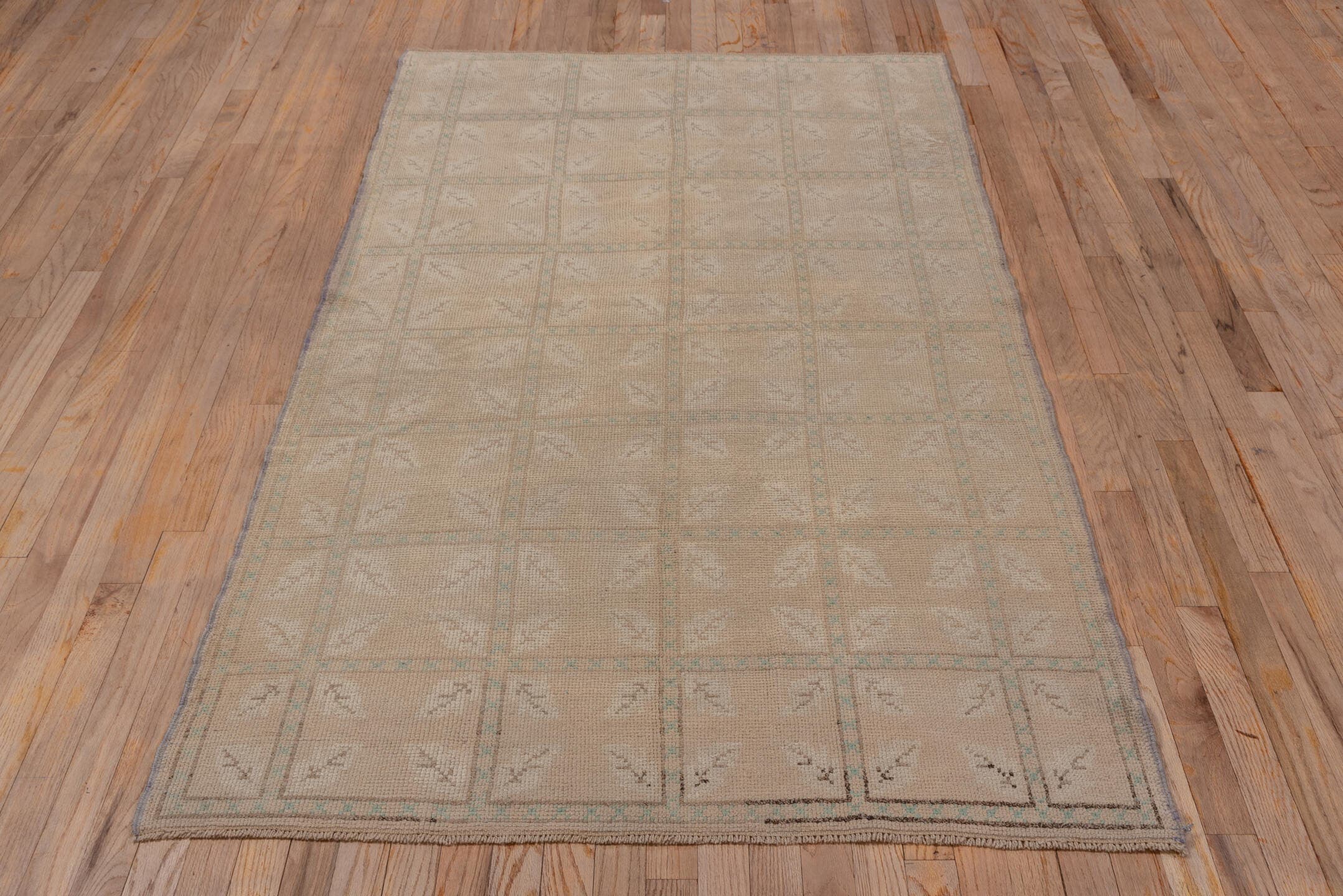 4' x 7' one-of-a-kind handmade vintage Oushak rug. Color palette: beige, taupe, ivory, pale aqua, sand, gray, teal
