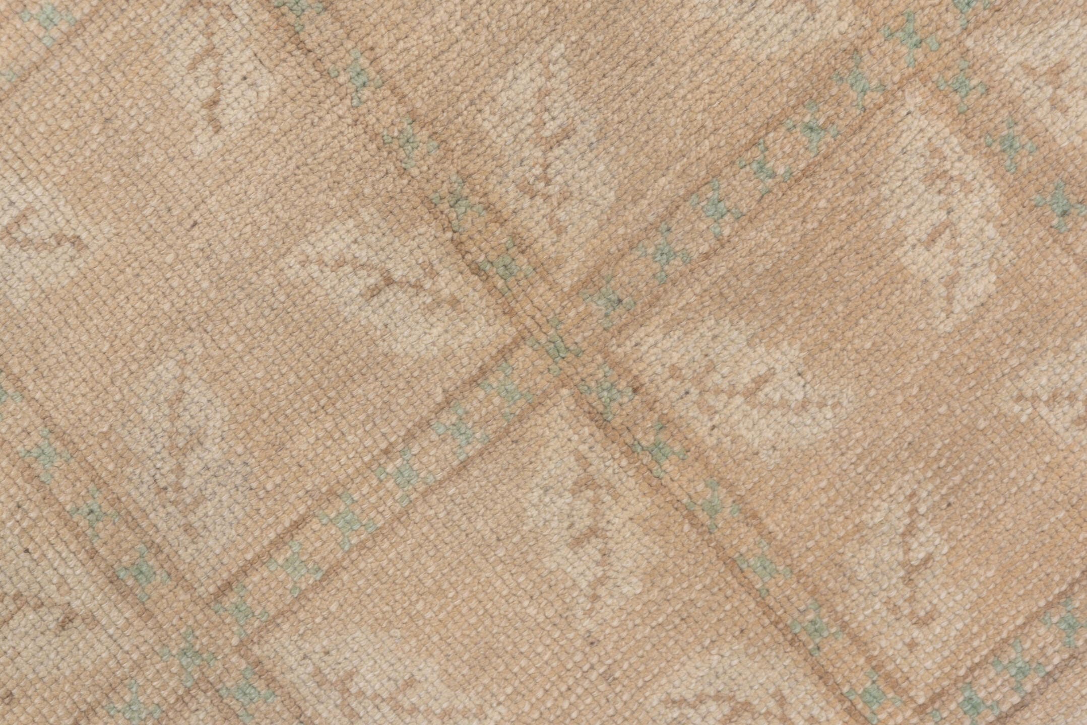 4' x 7' one-of-a-kind handmade vintage Oushak rug. Color palette: beige, taupe, ivory, pale aqua, sand, gray, teal