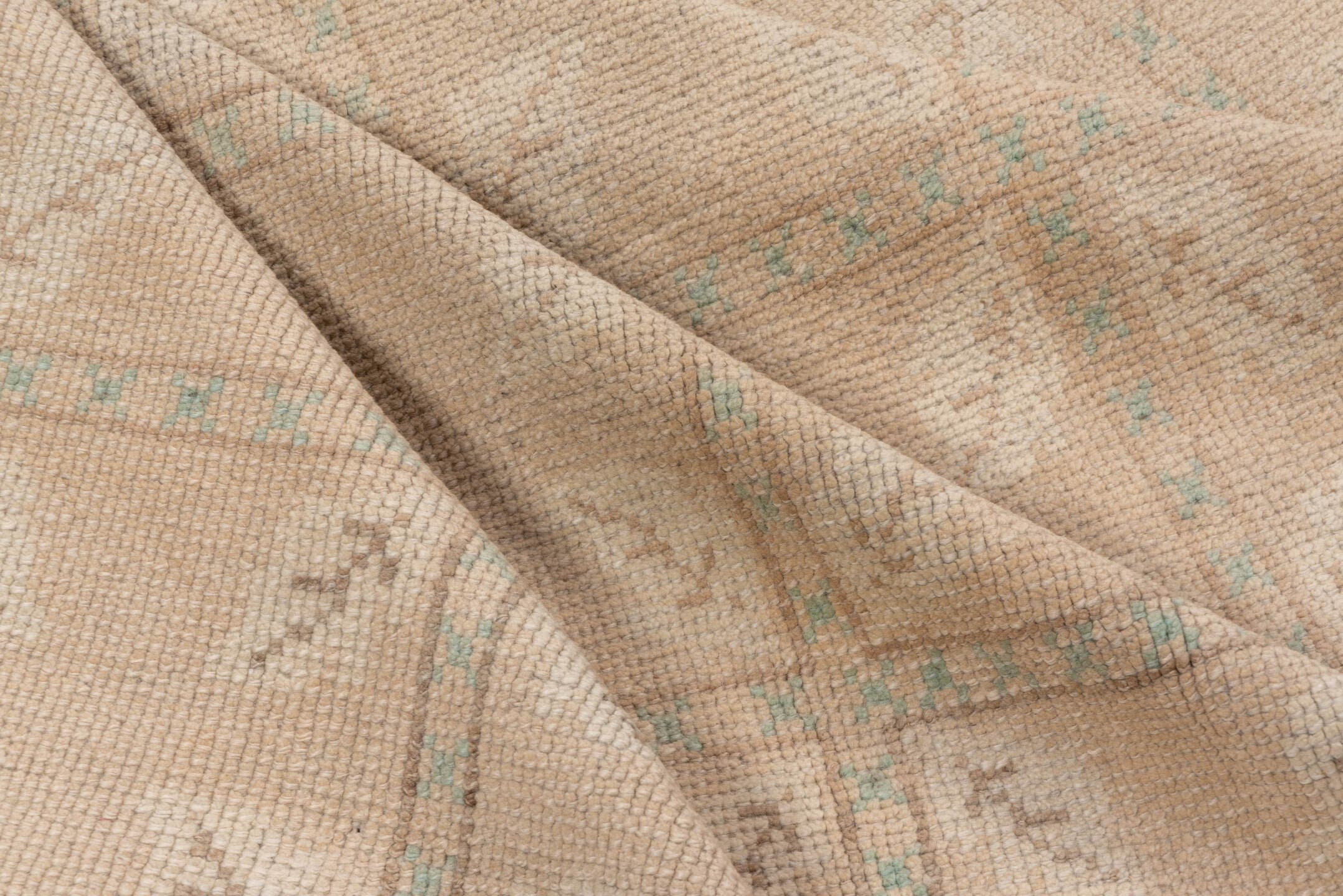 4' x 7' one-of-a-kind handmade vintage Oushak rug. Color palette: beige, taupe, ivory, pale aqua, sand, gray, teal