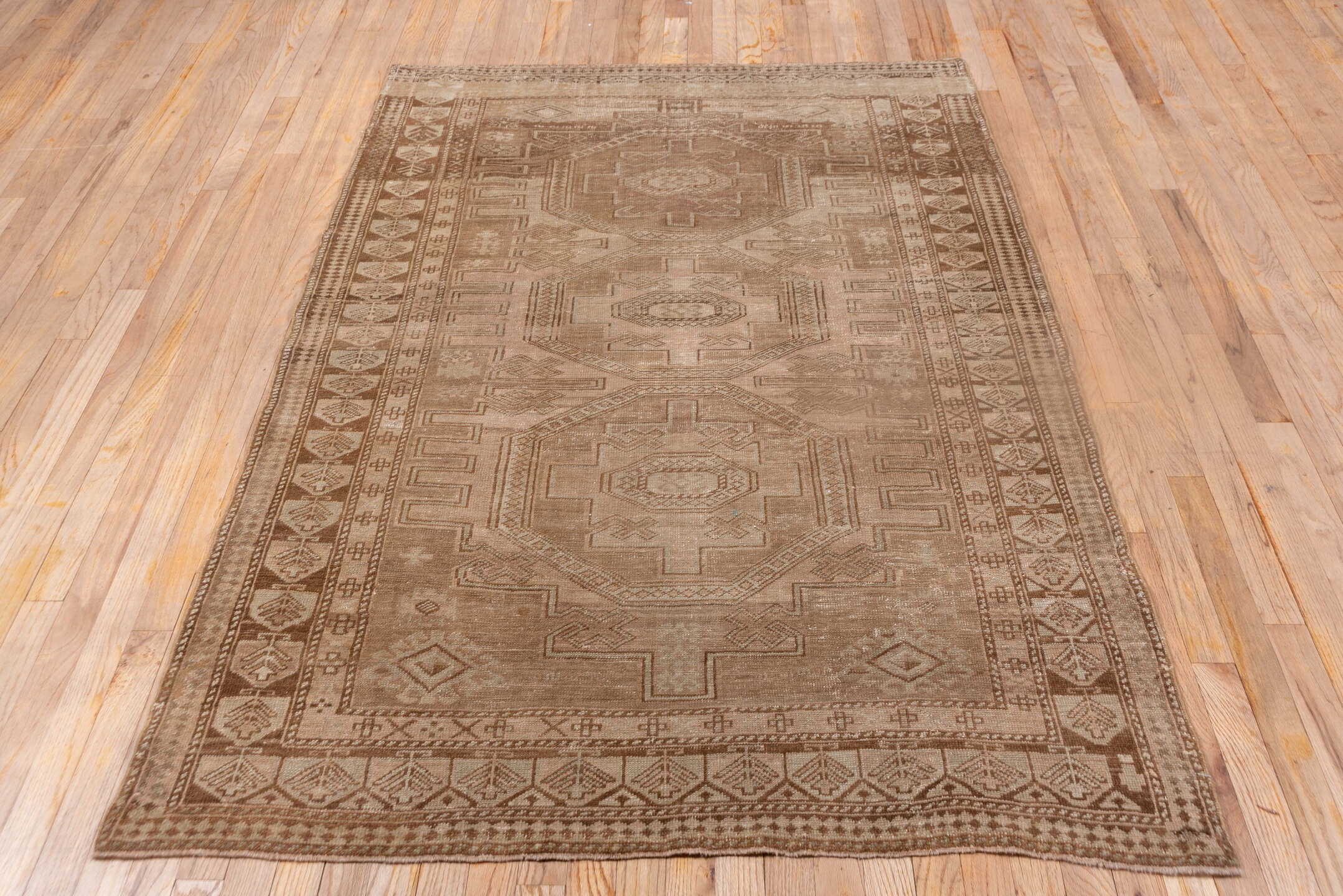 9' x 11' one-of-a-kind handmade vintage Afghan large size rug. Color palette: camel, taupe, tan, beige, brown, ivory, gray