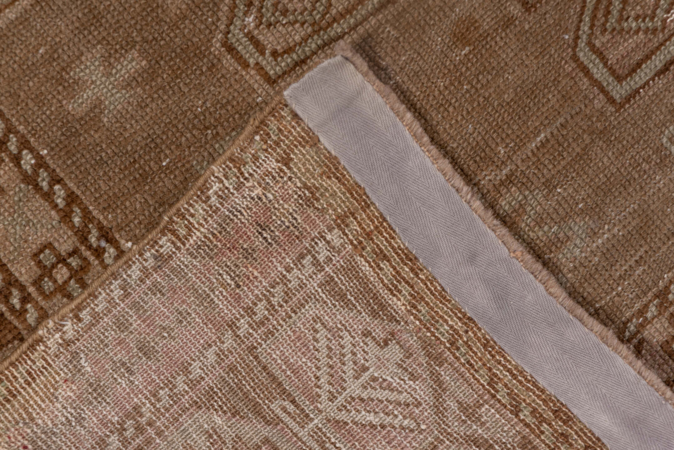 9' x 11' one-of-a-kind handmade vintage Afghan large size rug. Color palette: camel, taupe, tan, beige, brown, ivory, gray