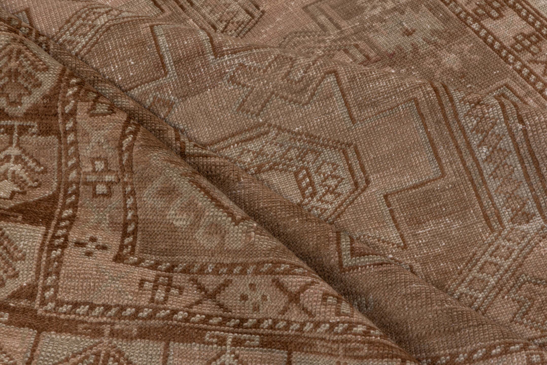 9' x 11' one-of-a-kind handmade vintage Afghan large size rug. Color palette: camel, taupe, tan, beige, brown, ivory, gray