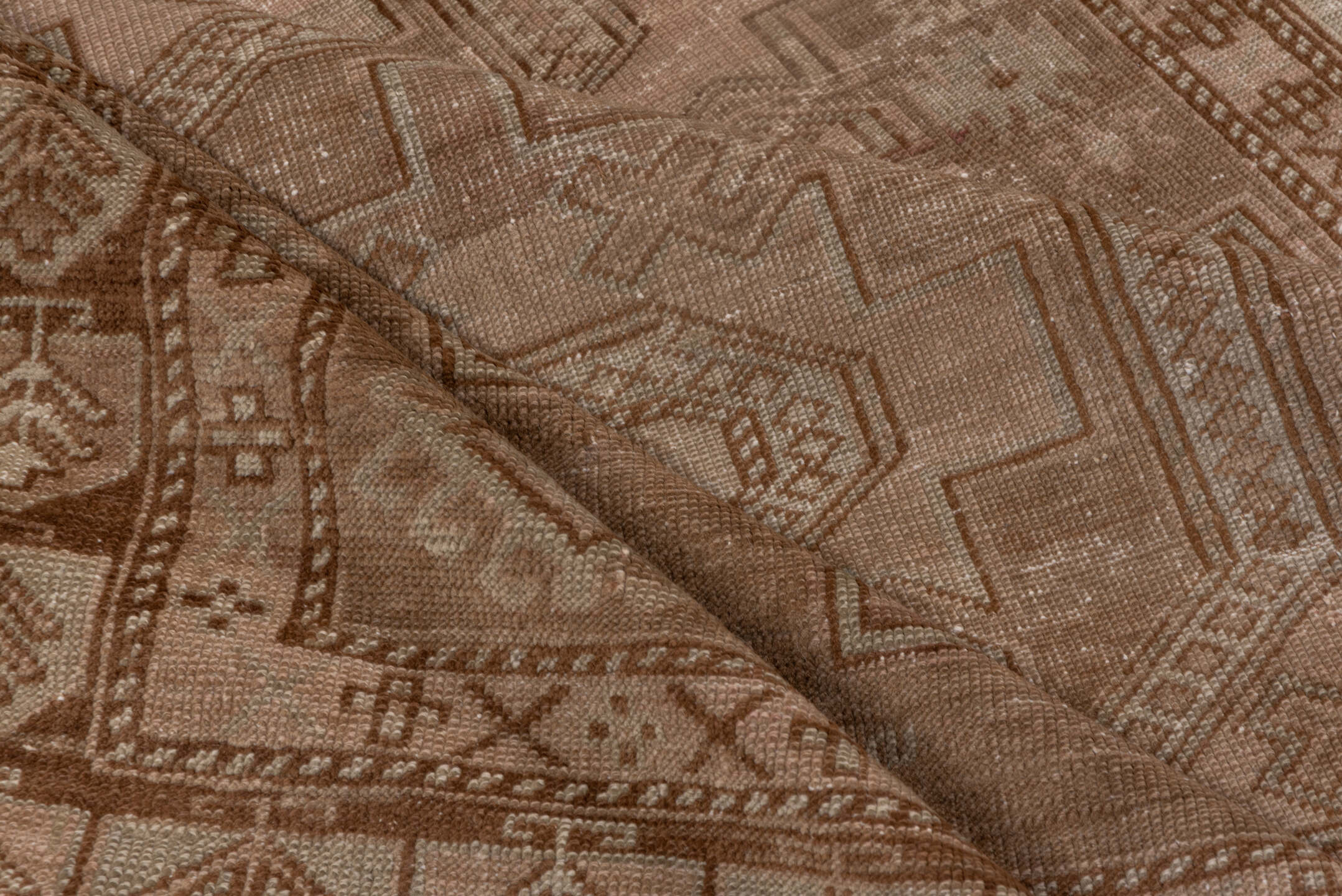 9' x 11' one-of-a-kind handmade vintage Afghan large size rug. Color palette: camel, taupe, tan, beige, brown, ivory, gray