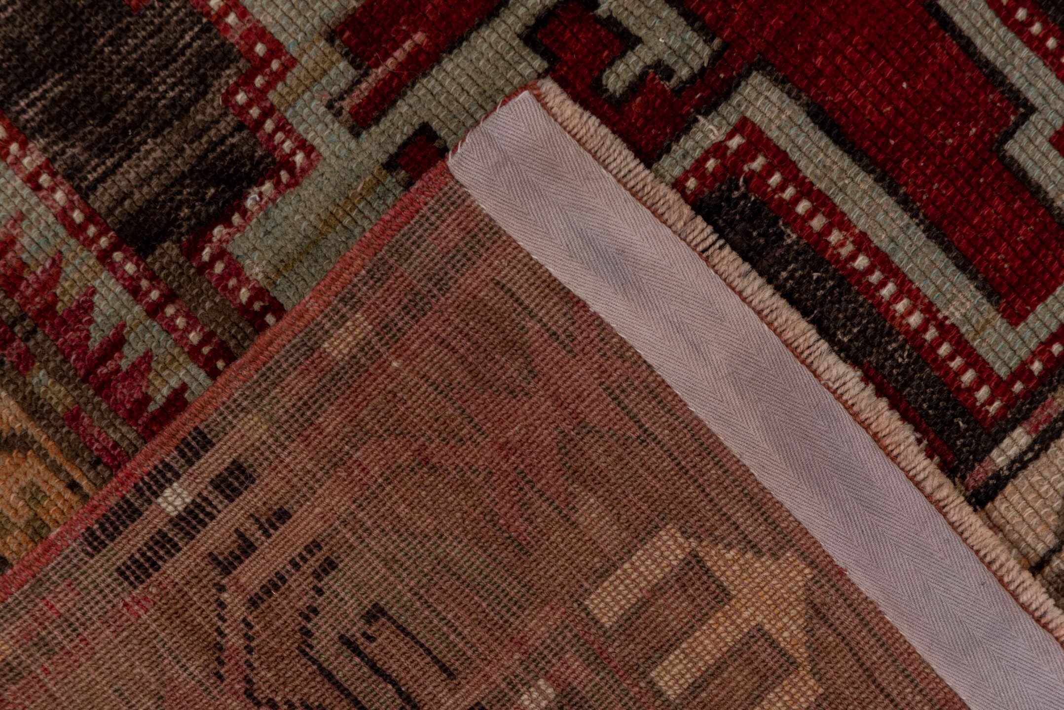 9' x 11' one-of-a-kind handmade vintage Afghan large size rug. Color palette: rust, ivory, charcoal, rose, taupe, burgundy