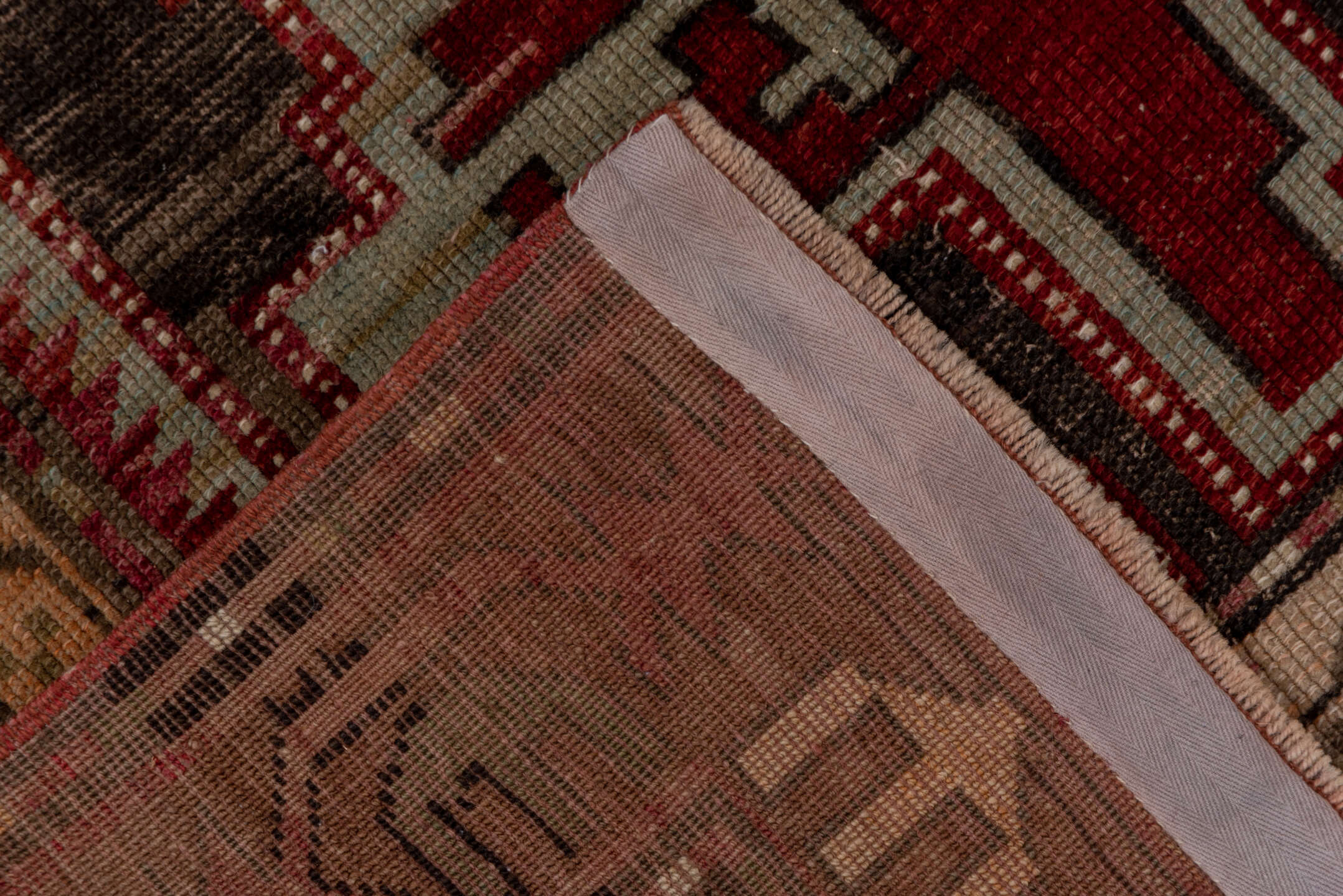 9' x 11' one-of-a-kind handmade vintage Afghan large size rug. Color palette: rust, ivory, charcoal, rose, taupe, burgundy