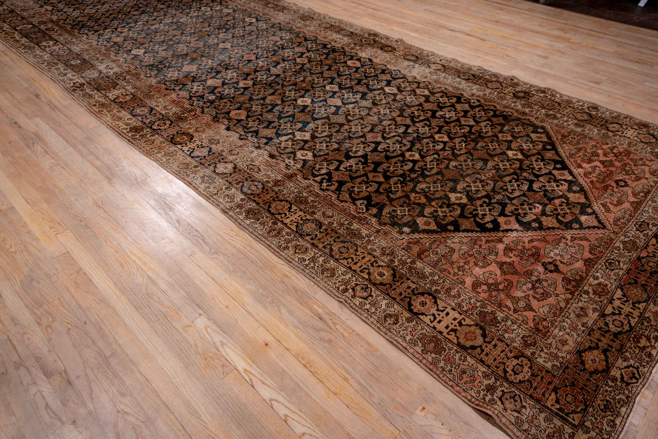 8' x 11' one-of-a-kind handmade vintage Kilim large size rug. Color palette: navy, rose, taupe, brown, ivory, camel