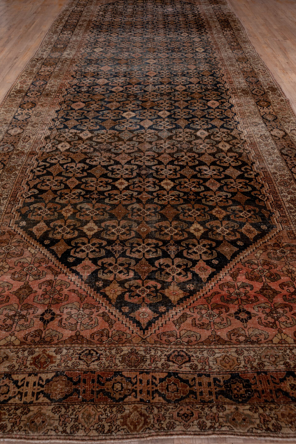 8' x 11' one-of-a-kind handmade vintage Kilim large size rug. Color palette: navy, rose, taupe, brown, ivory, camel