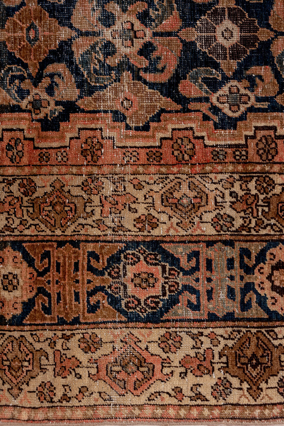 8' x 11' one-of-a-kind handmade vintage Kilim large size rug. Color palette: navy, rose, taupe, brown, ivory, camel