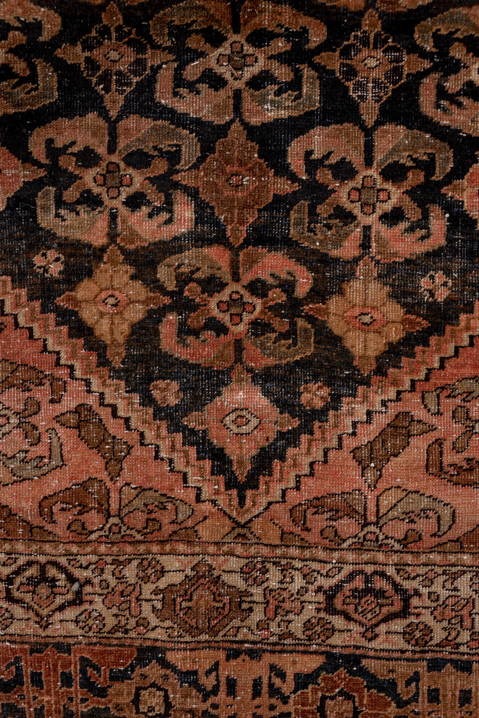 8' x 11' one-of-a-kind handmade vintage Kilim large size rug. Color palette: navy, rose, taupe, brown, ivory, camel