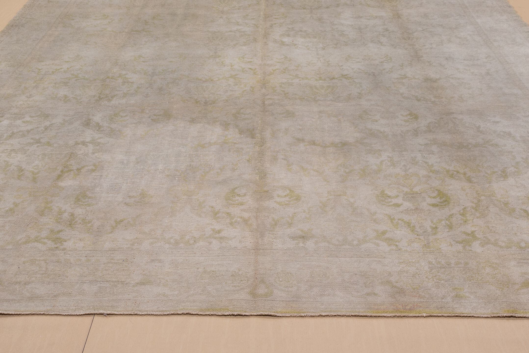 13' x 16' one-of-a-kind handmade vintage Kilim oversize rug. Color palette: ivory, taupe, sage, beige, cream, pale gold