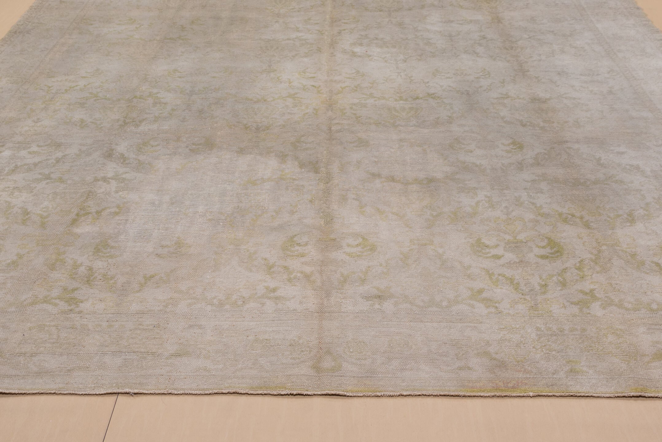 13' x 16' one-of-a-kind handmade vintage Kilim oversize rug. Color palette: ivory, taupe, sage, beige, cream, pale gold
