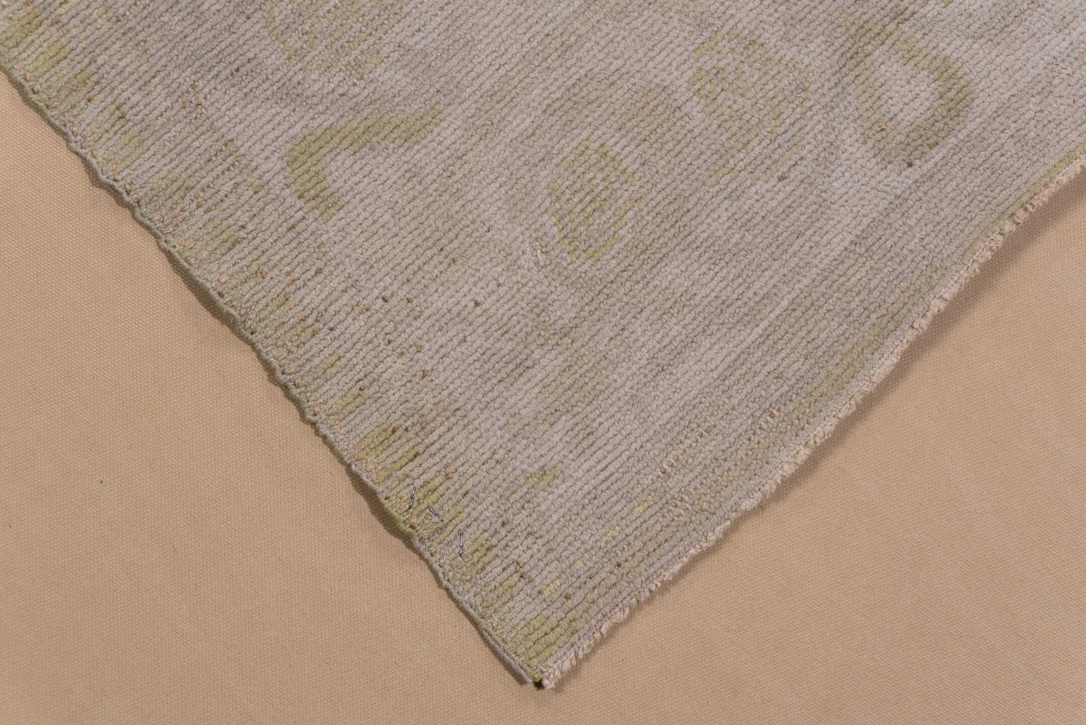 13' x 16' one-of-a-kind handmade vintage Kilim oversize rug. Color palette: ivory, taupe, sage, beige, cream, pale gold