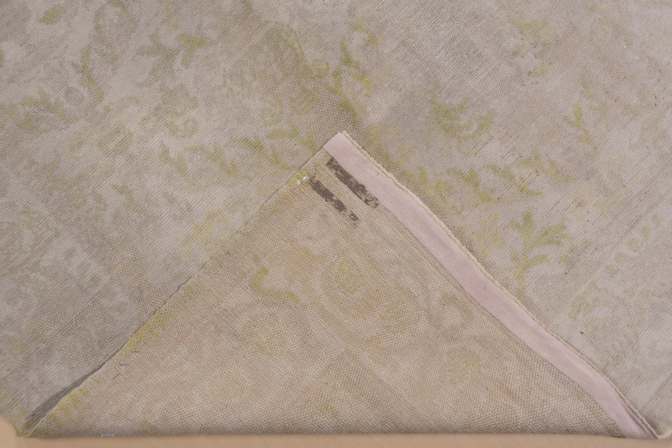 13' x 16' one-of-a-kind handmade vintage Kilim oversize rug. Color palette: ivory, taupe, sage, beige, cream, pale gold