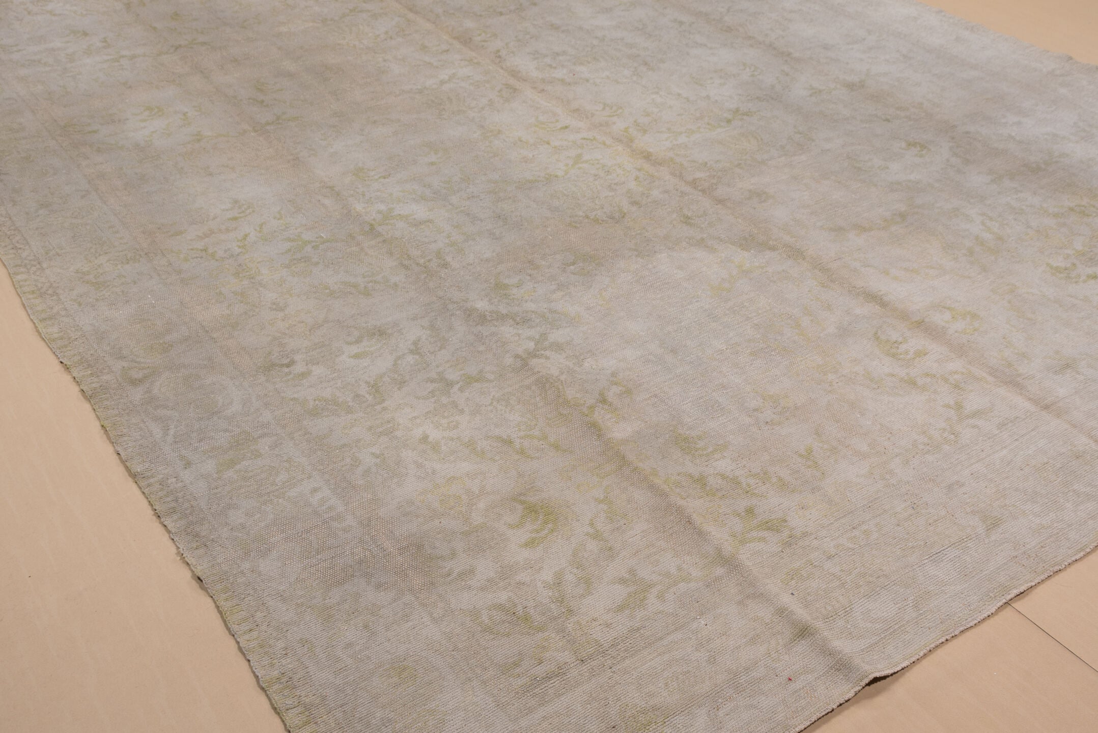 13' x 16' one-of-a-kind handmade vintage Kilim oversize rug. Color palette: ivory, taupe, sage, beige, cream, pale gold