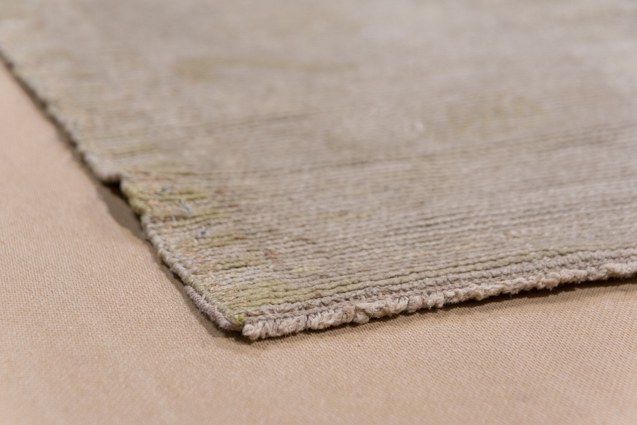 13' x 16' one-of-a-kind handmade vintage Kilim oversize rug. Color palette: ivory, taupe, sage, beige, cream, pale gold
