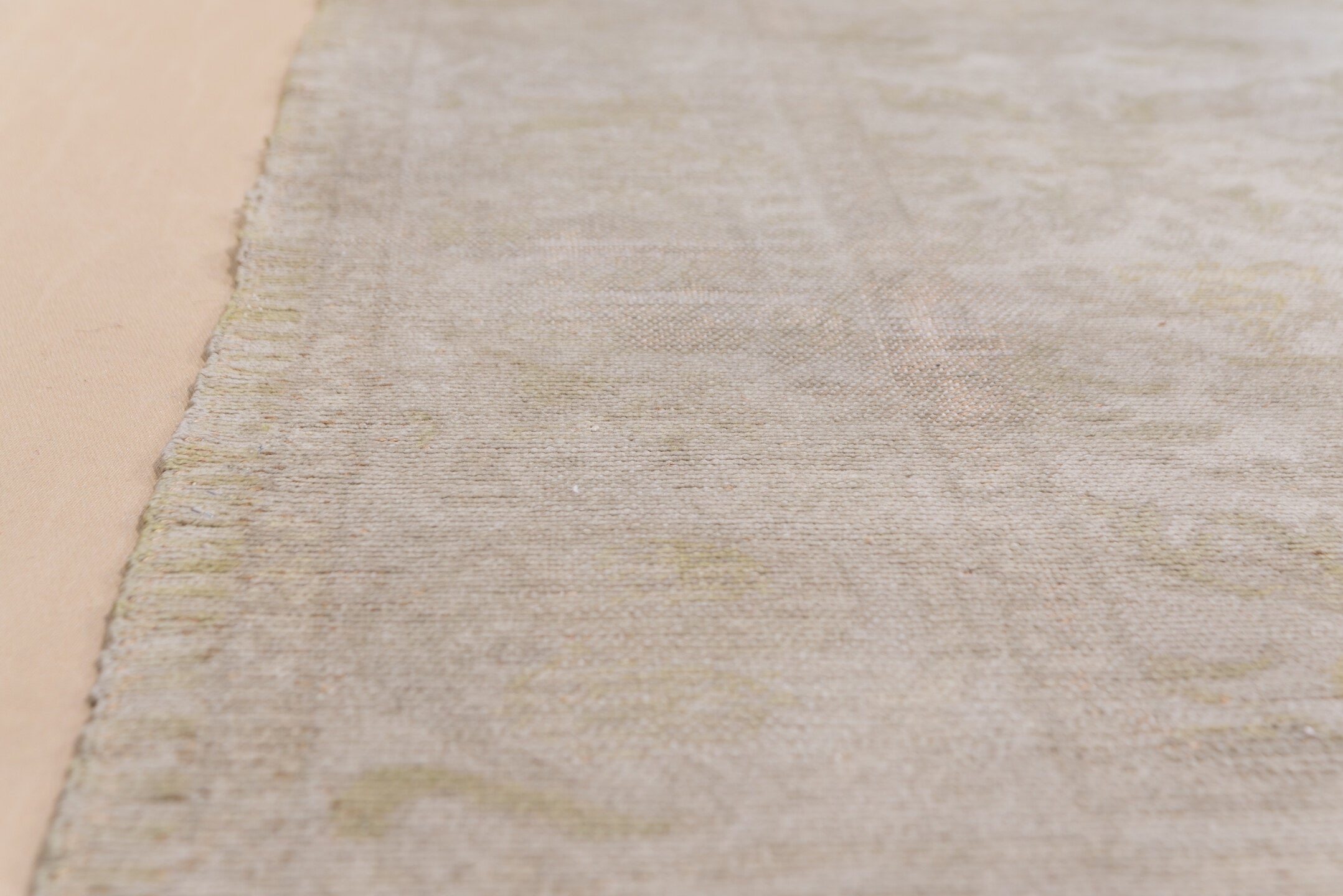 13' x 16' one-of-a-kind handmade vintage Kilim oversize rug. Color palette: ivory, taupe, sage, beige, cream, pale gold