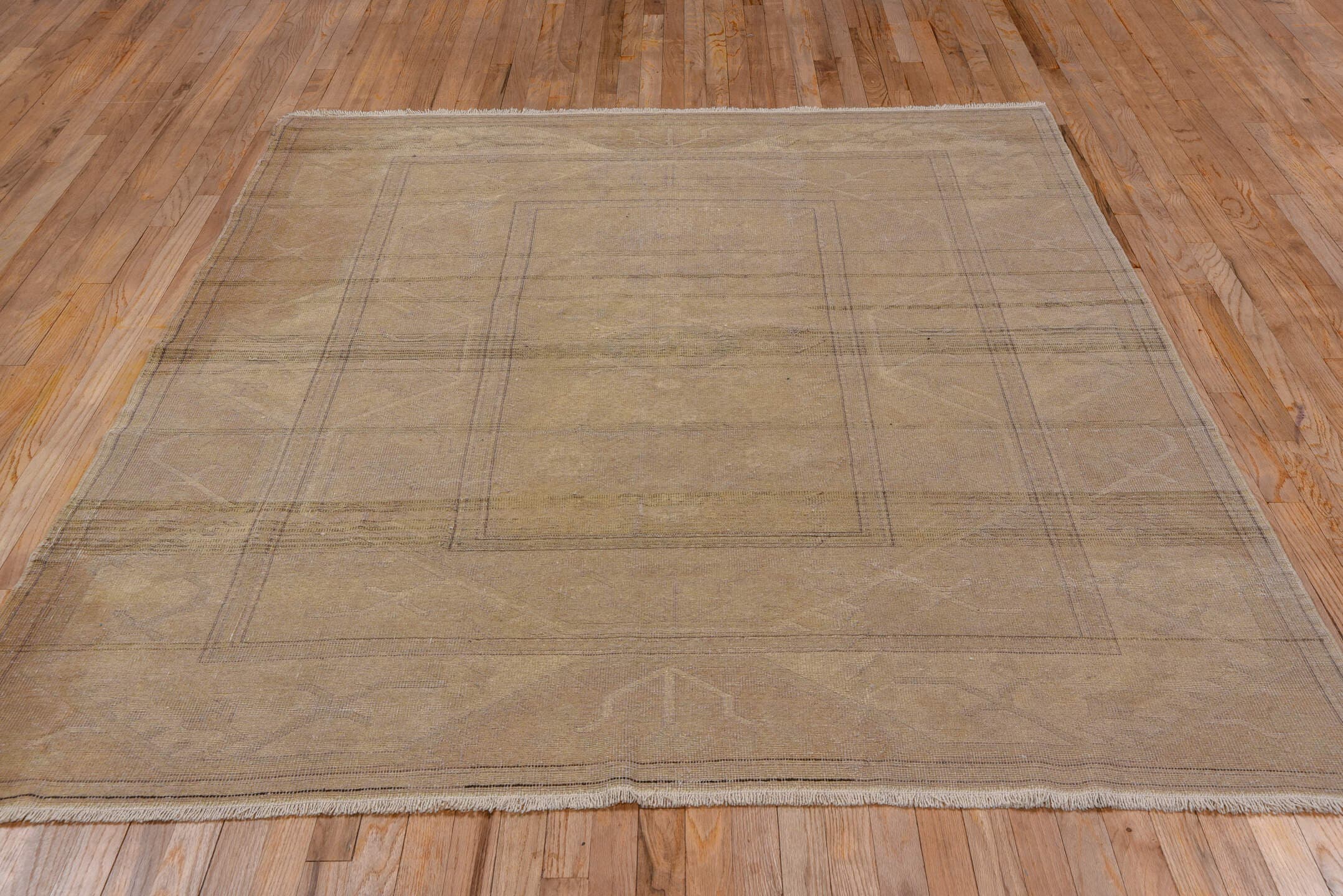 6' x 7' one-of-a-kind handmade vintage Oushak rug. Color palette: taupe, beige, camel, ivory, brown, gray