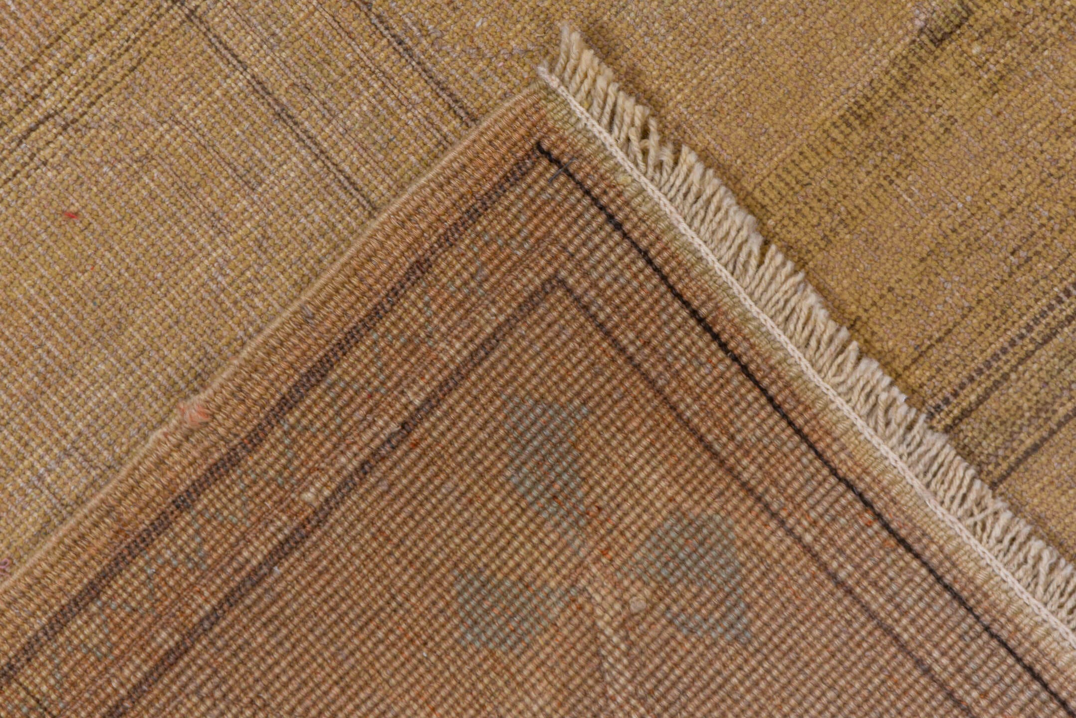 6' x 7' one-of-a-kind handmade vintage Oushak rug. Color palette: taupe, beige, camel, ivory, brown, gray