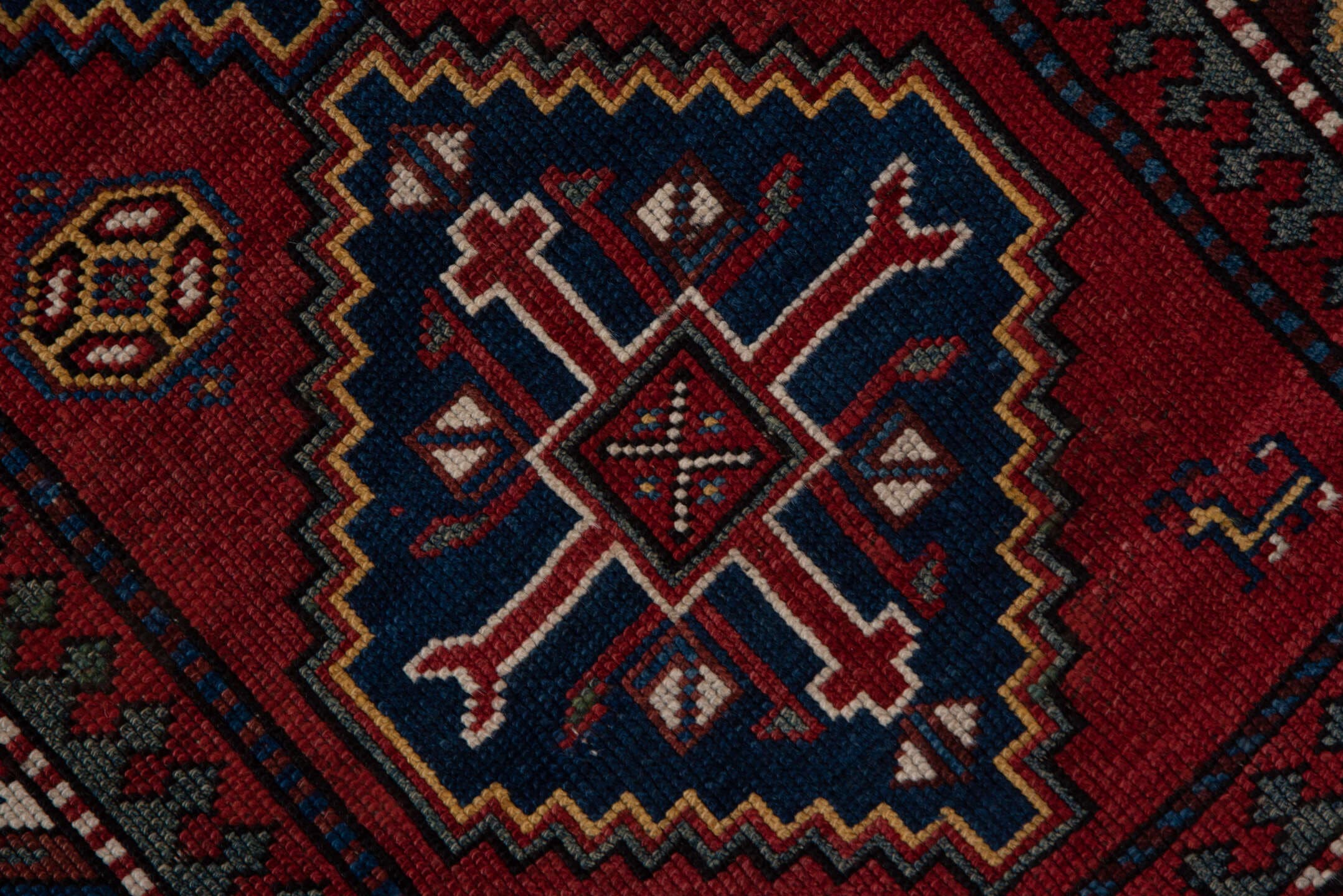 9' x 11' one-of-a-kind handmade vintage Afghan large size rug. Color palette: rust, navy, ivory, crimson, camel, charcoal