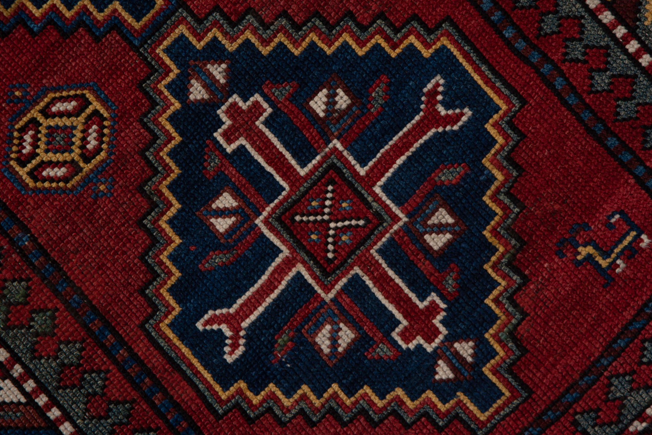 9' x 11' one-of-a-kind handmade vintage Afghan large size rug. Color palette: rust, navy, ivory, crimson, camel, charcoal