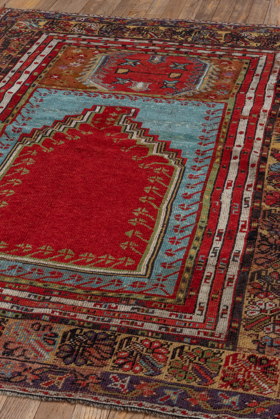 9' x 12' one-of-a-kind handmade vintage Oushak large size rug. Color palette: crimson, sky blue, ivory, camel, charcoal