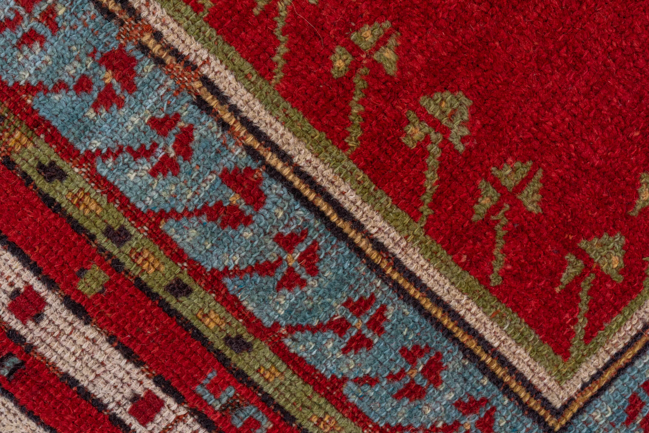 9' x 12' one-of-a-kind handmade vintage Oushak large size rug. Color palette: crimson, sky blue, ivory, camel, charcoal