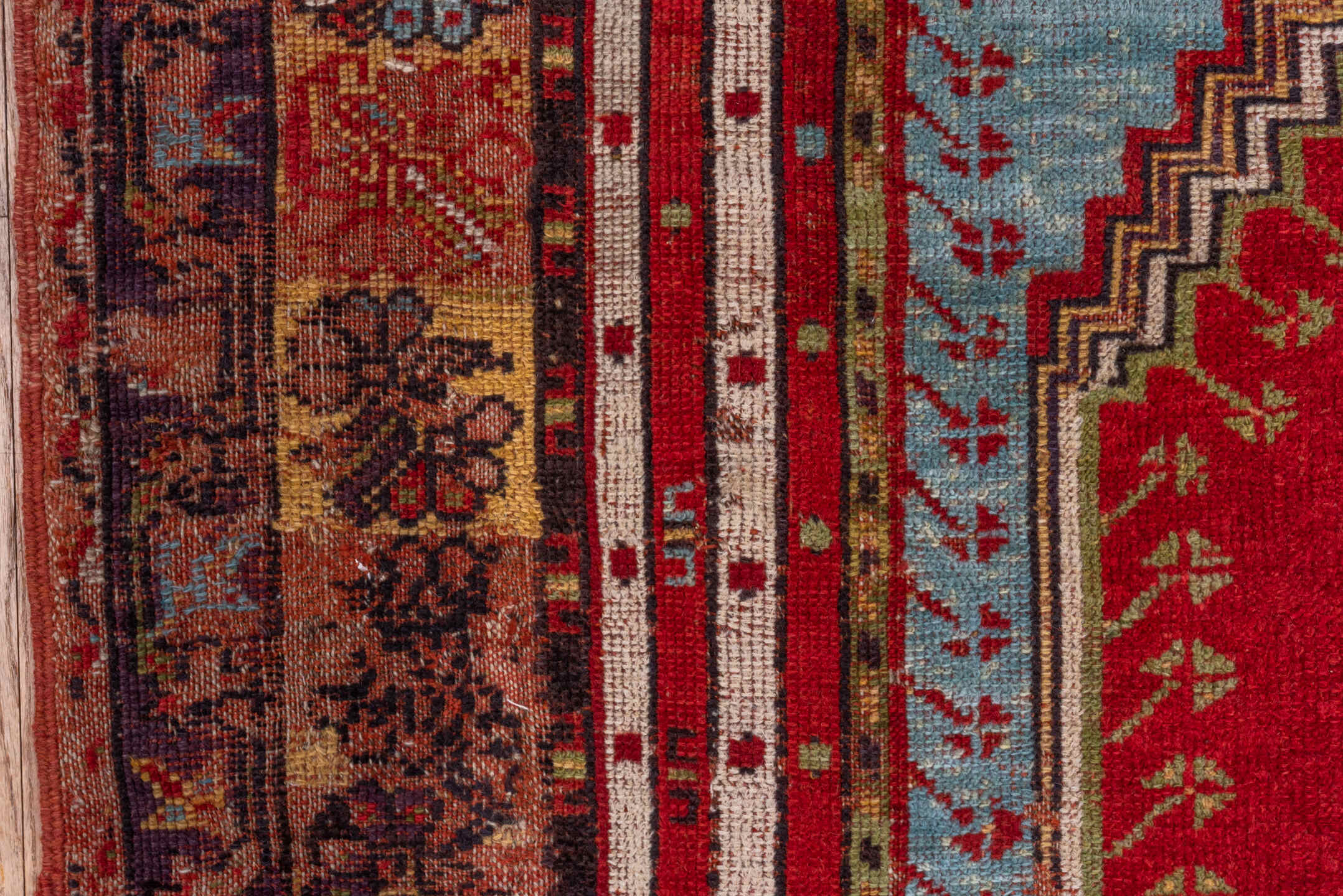 9' x 12' one-of-a-kind handmade vintage Oushak large size rug. Color palette: crimson, sky blue, ivory, camel, charcoal
